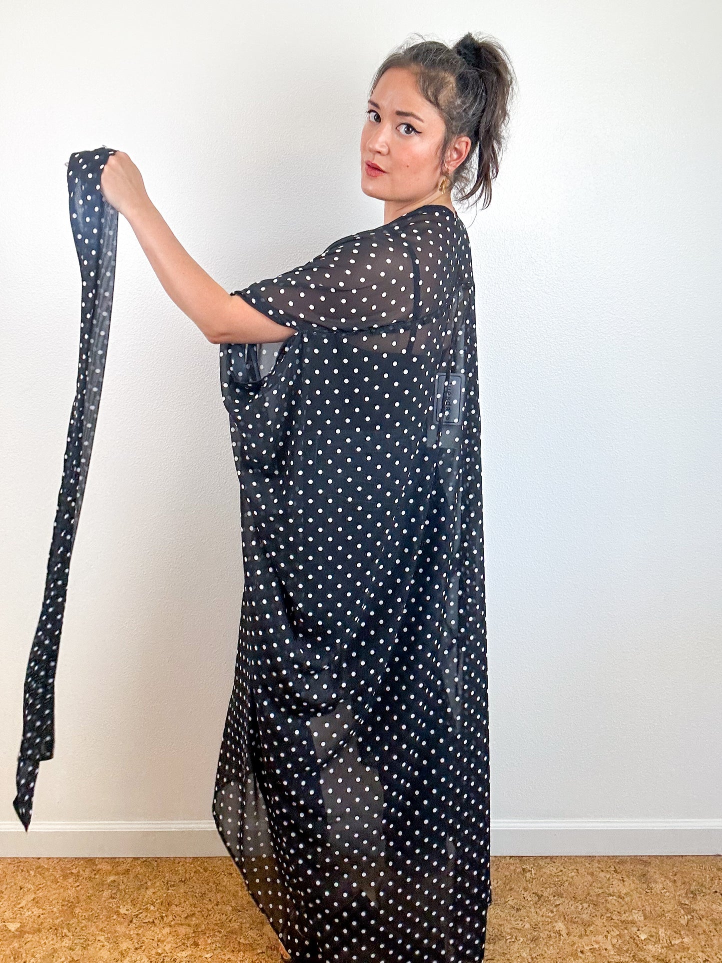 Print High Low Kimono Black Polka Dots Chiffon