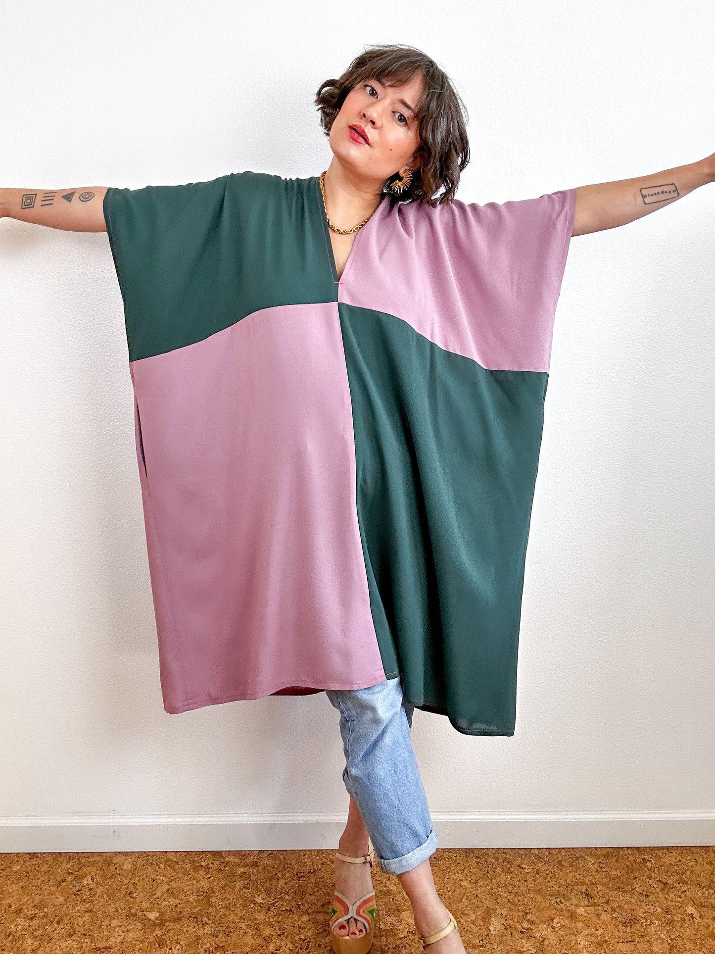 Color Block Mini Caftan Dress Forest Mauve