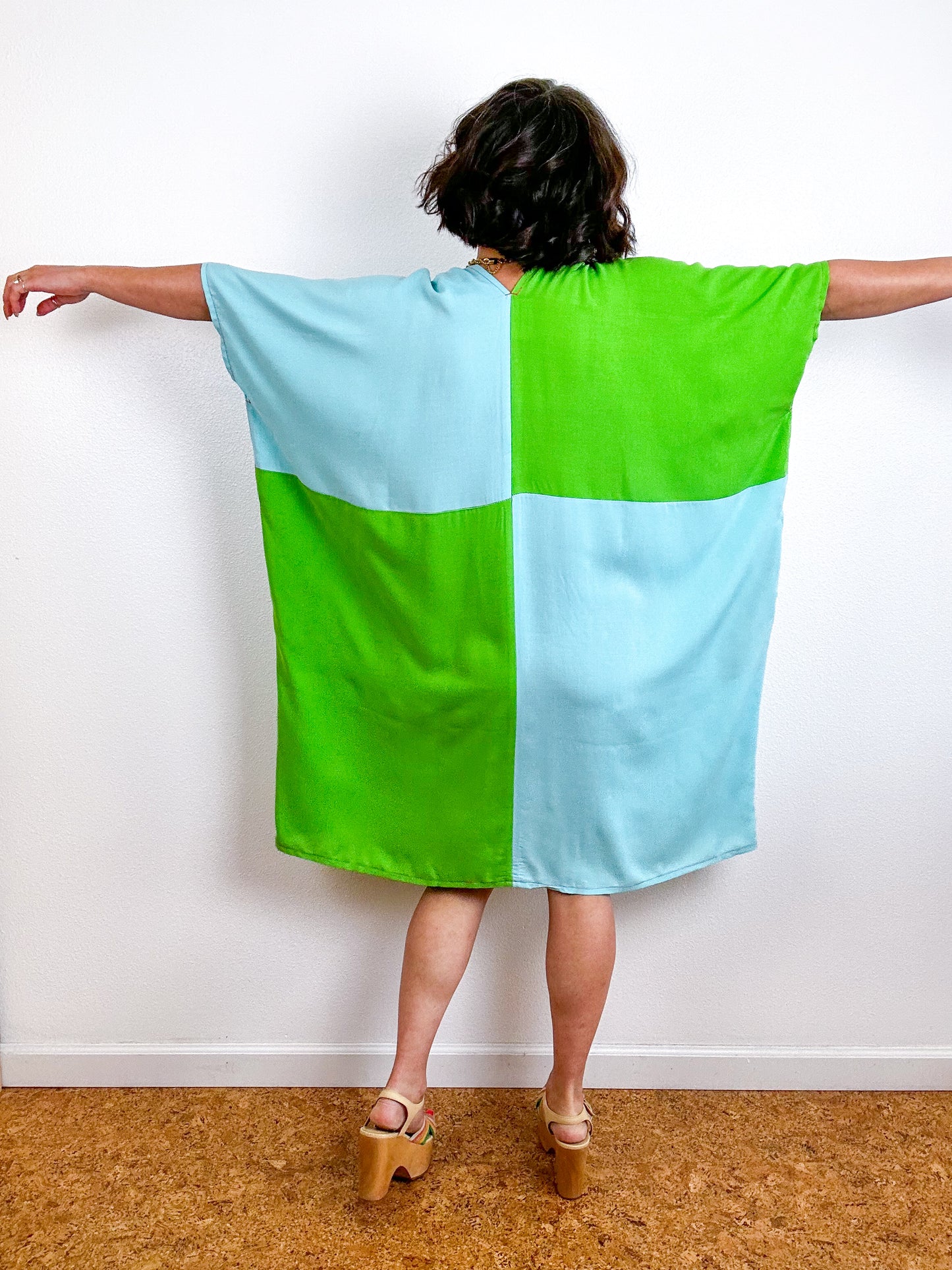 Color Block Mini Caftan Dress Lime Aqua