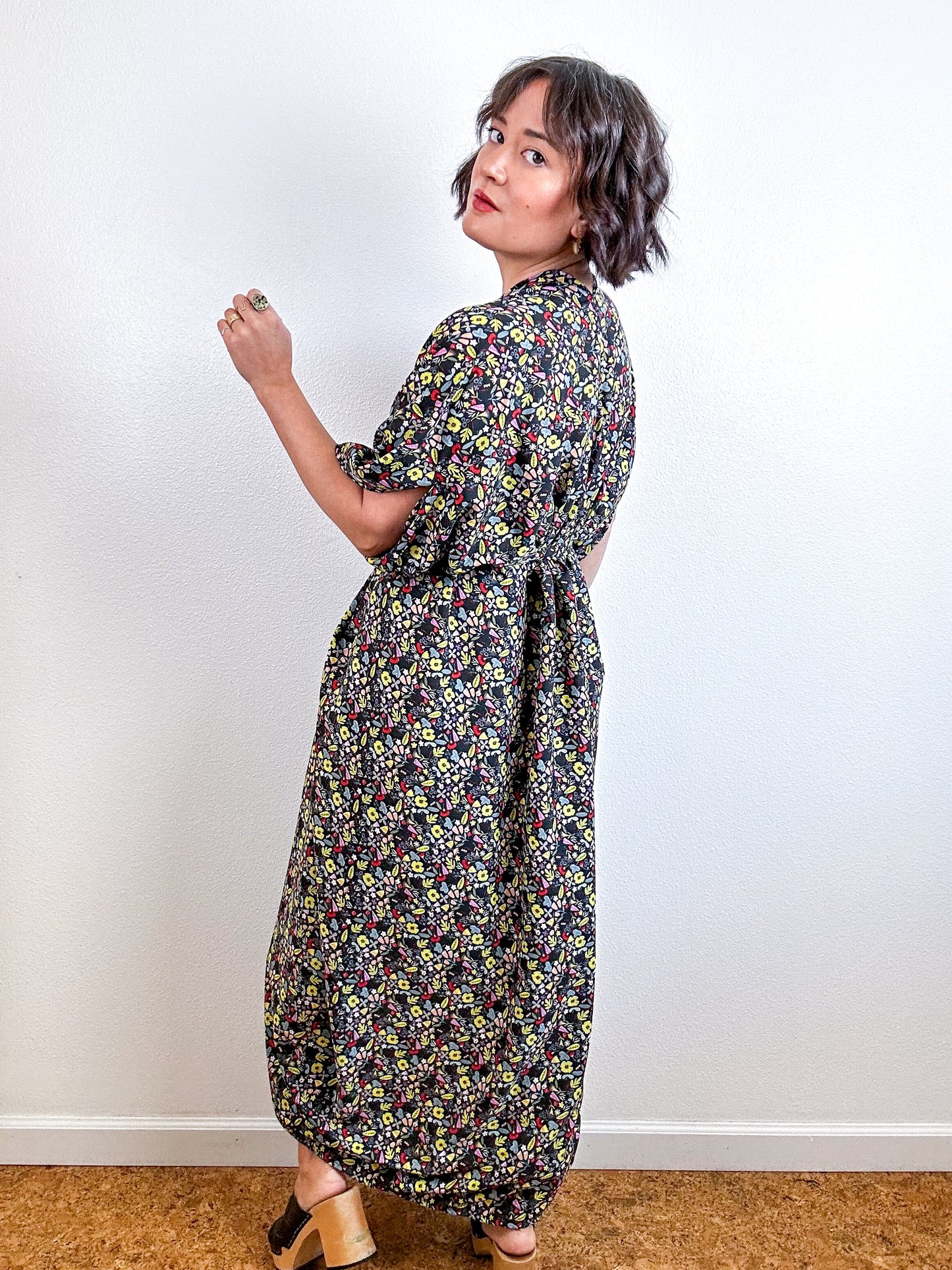 Print High Low Kimono Black Citron Mini Floral Crepe de Chine