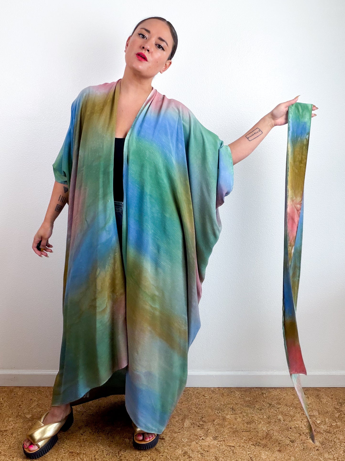 Hand-Dyed High Low Kimono Blue Green Bronze Coral Aura