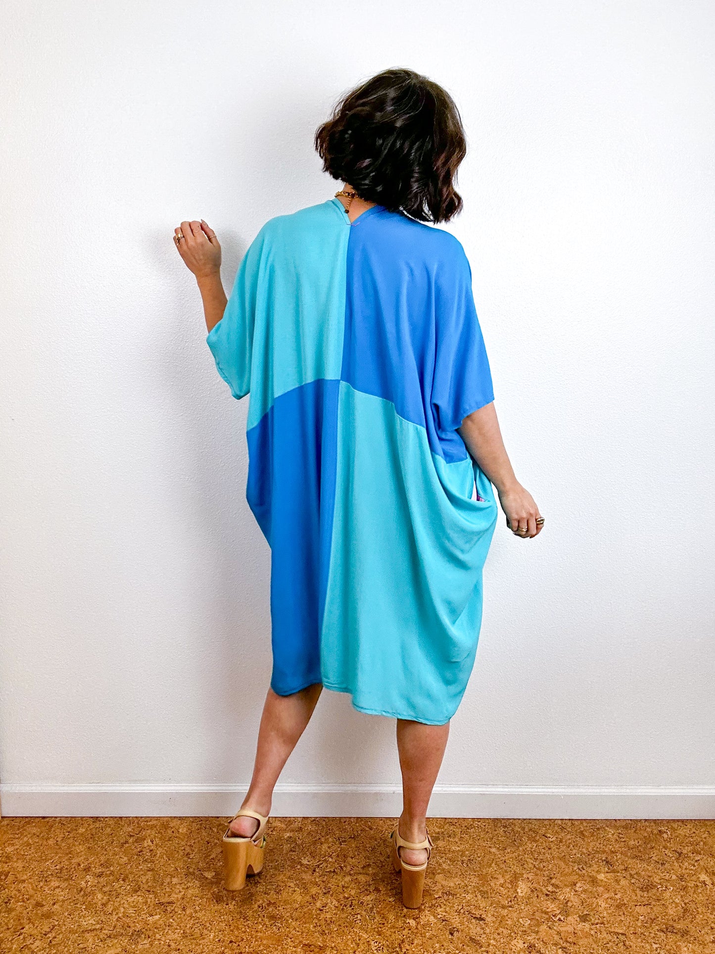 Color Block Mini Caftan Dress Turquoise Aqua