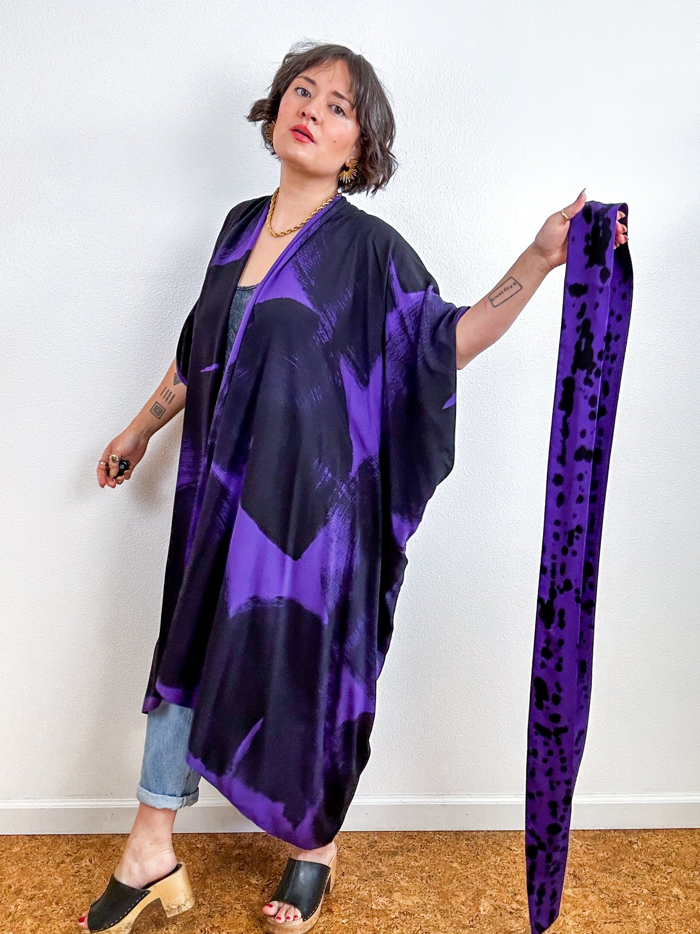 Hand-Dyed High Low Kimono Purple Black Arc