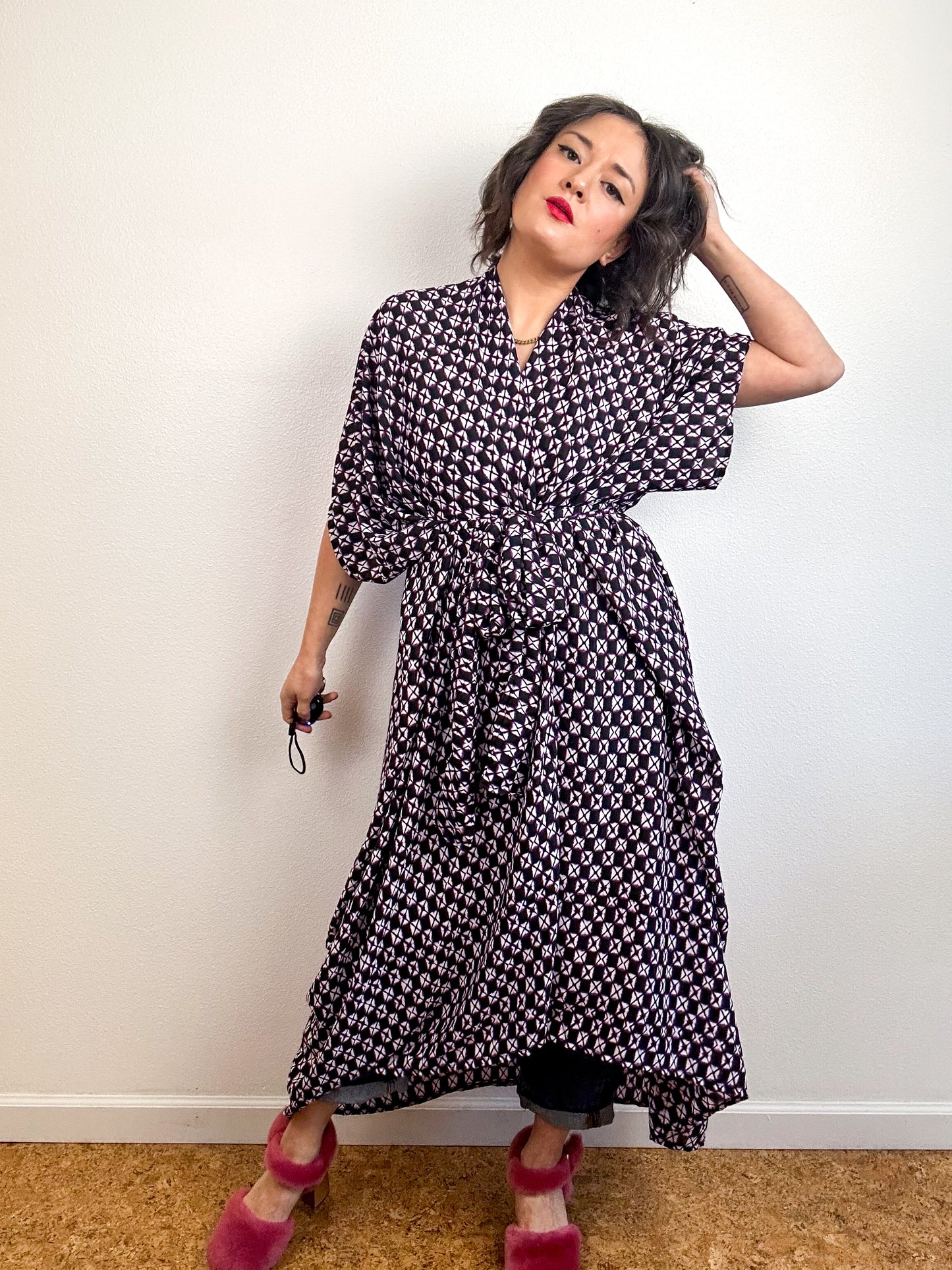 Print High Low Kimono Purple Faux Shibori Georgette