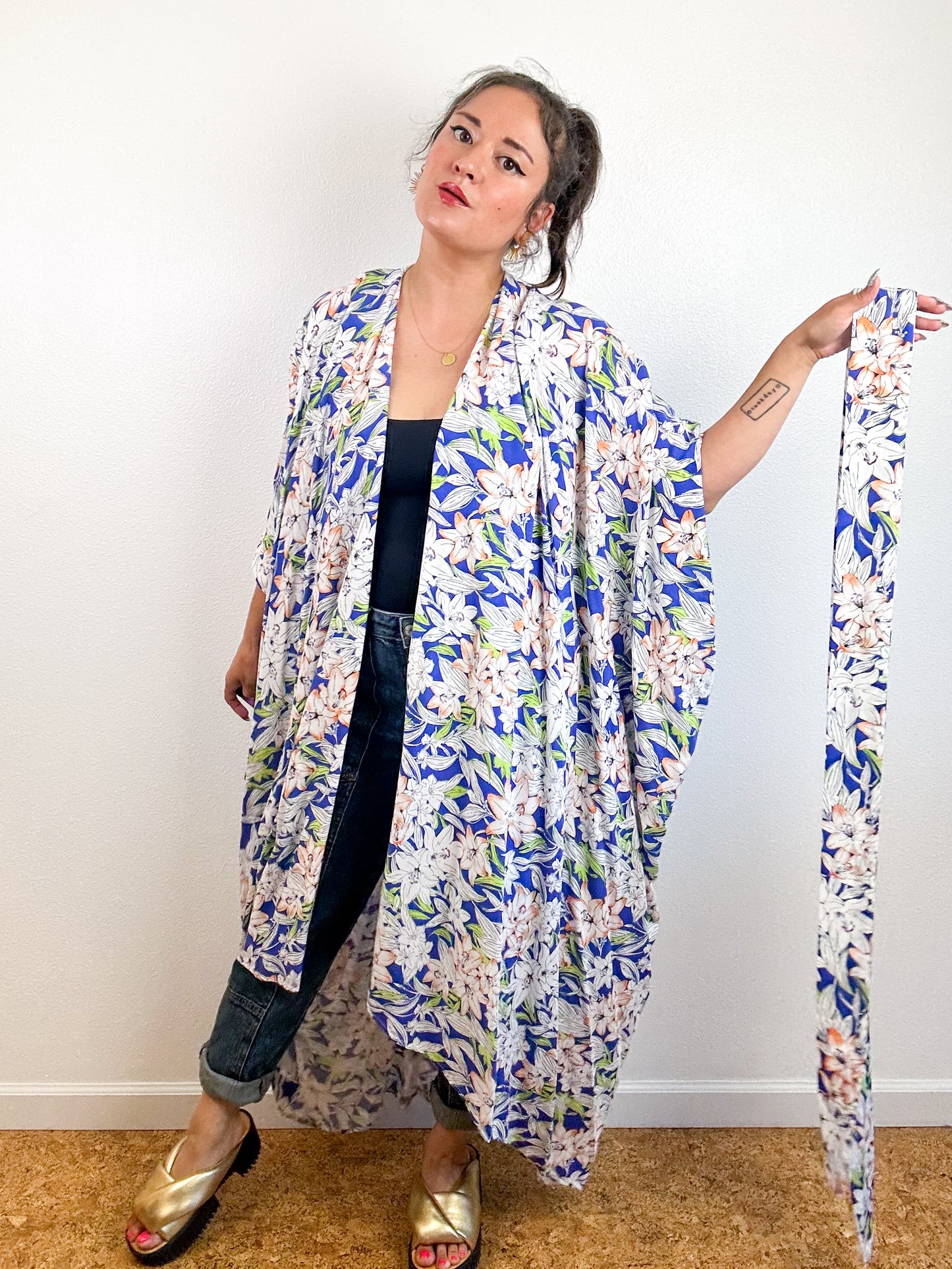 Print High Low Kimono Blue White Tropical Challis