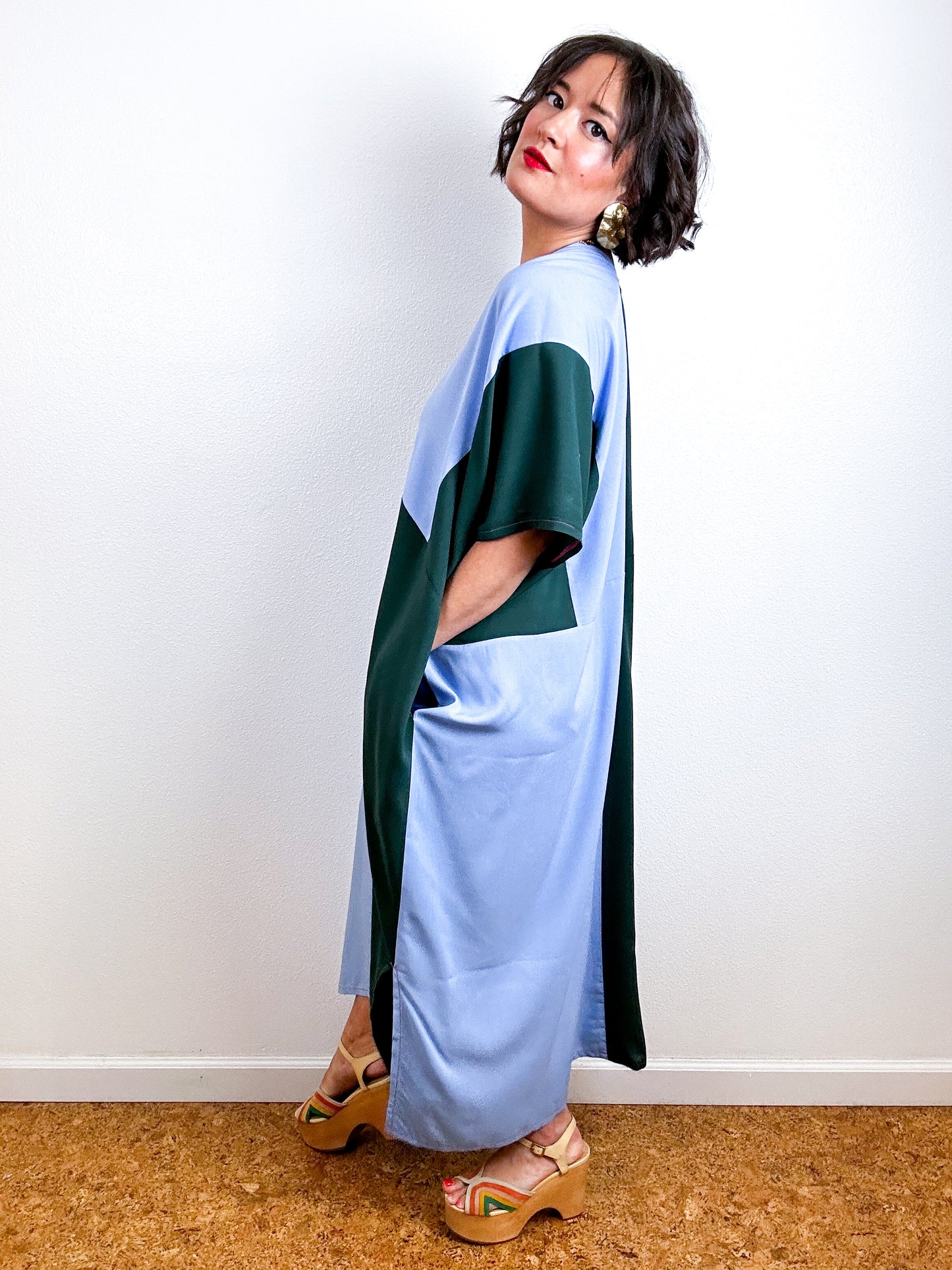 Color Block Midi Caftan Dress Forest Blue