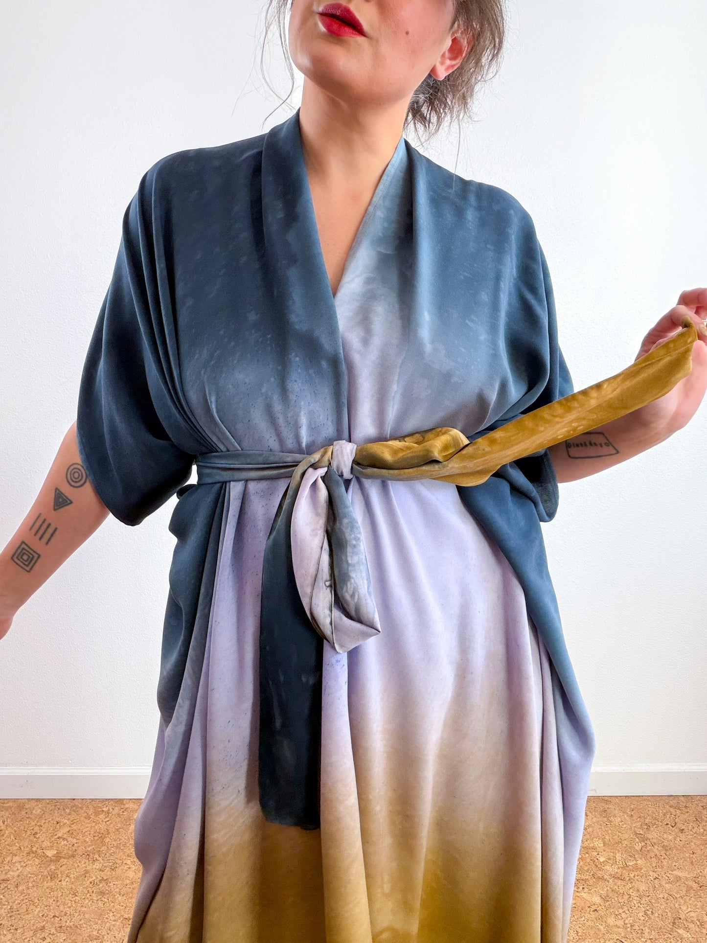 Hand-Dyed High Low Kimono Raven Wisteria Bronze Gradient