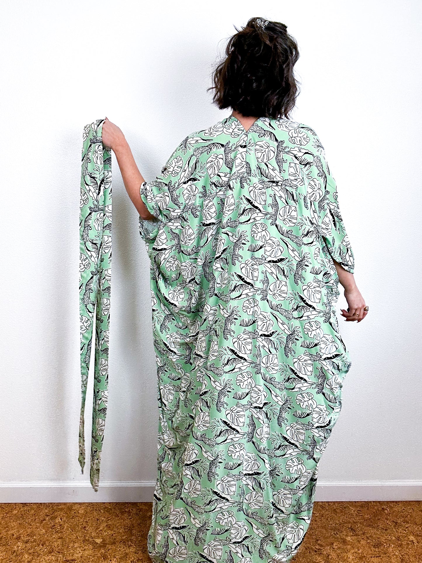 Print High Low Kimono Mint Cheetah Leaf Challis