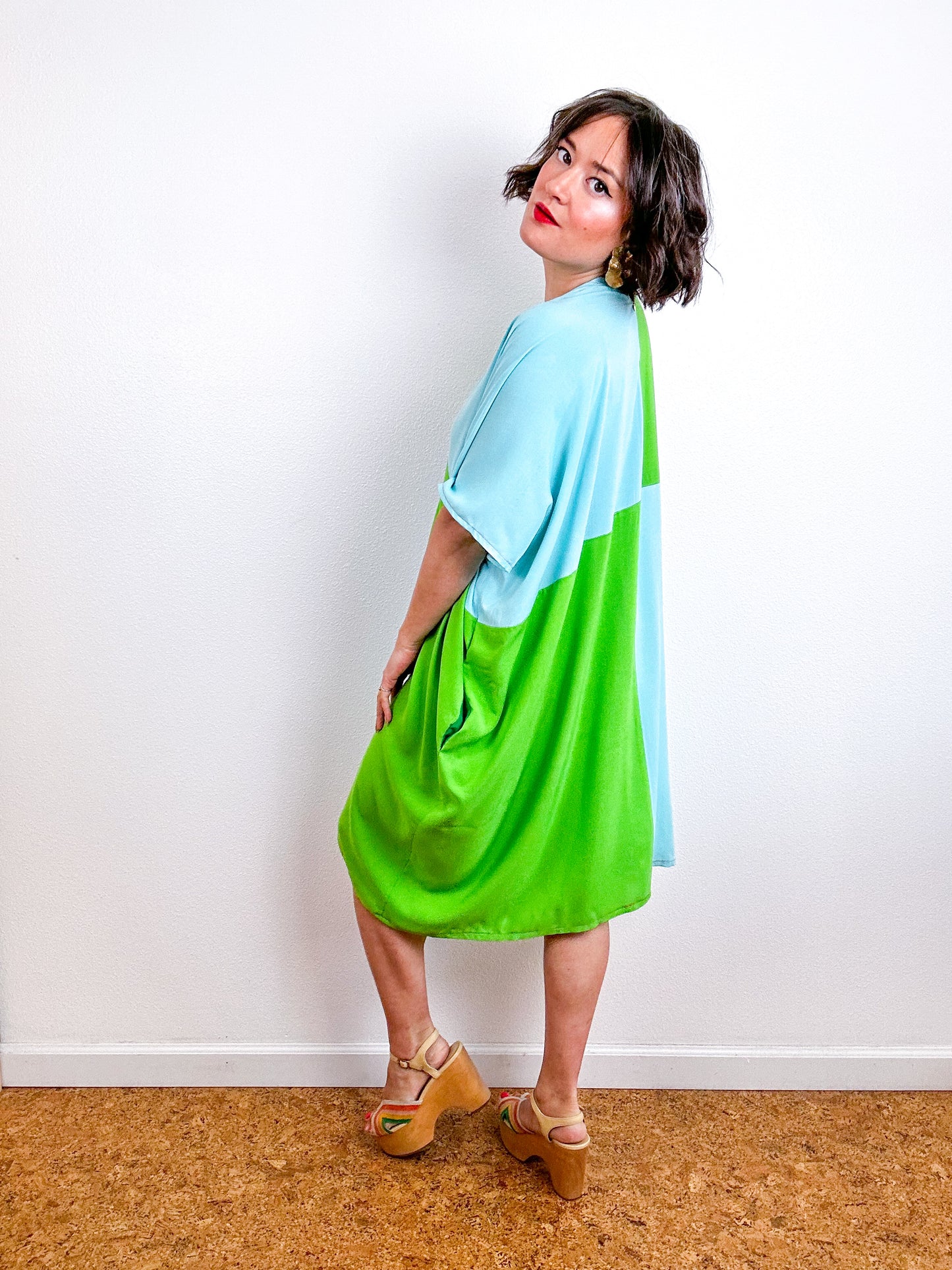 Color Block Mini Caftan Dress Lime Aqua