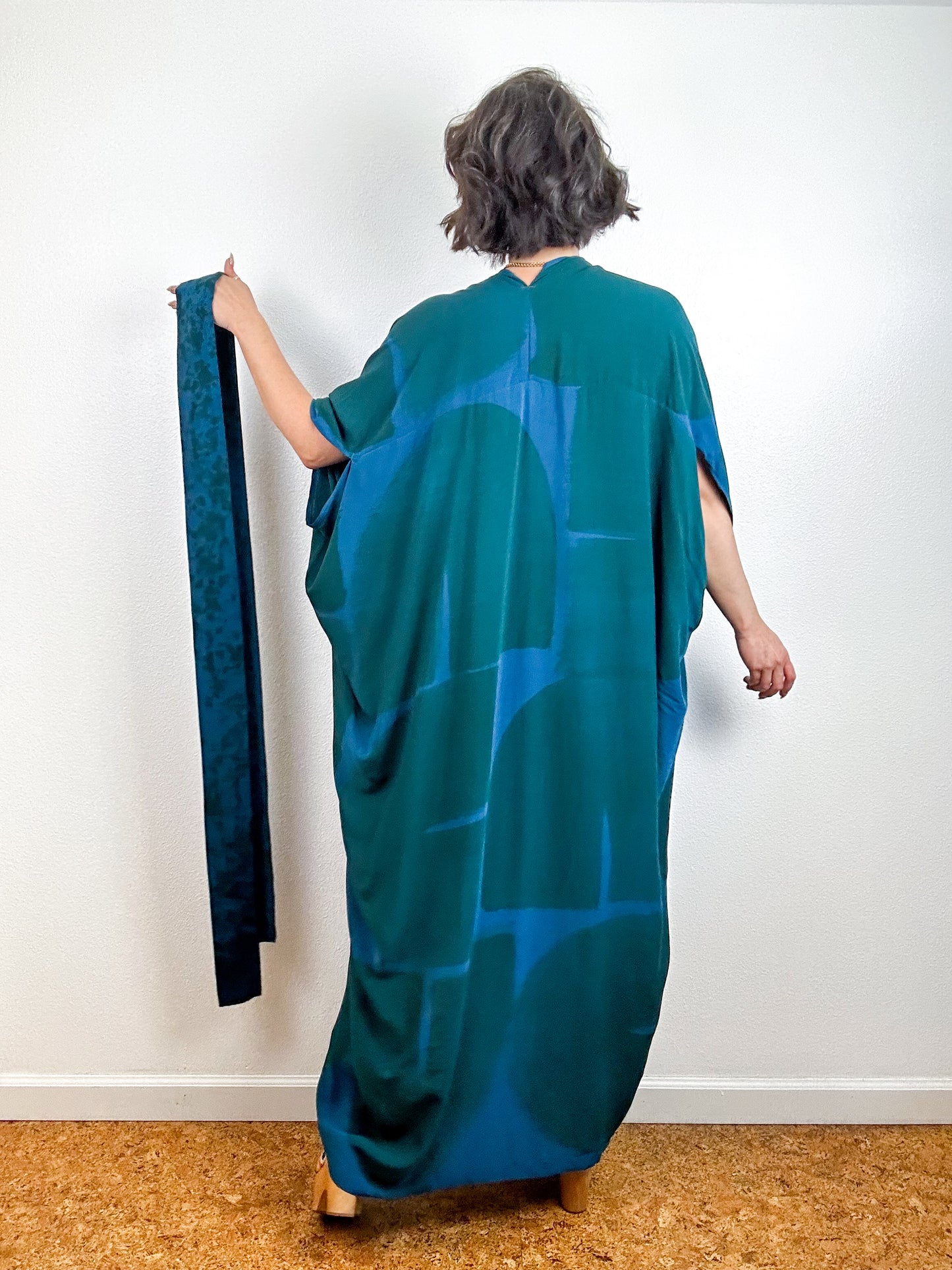Hand-Dyed High Low Kimono Turquoise Green Arc