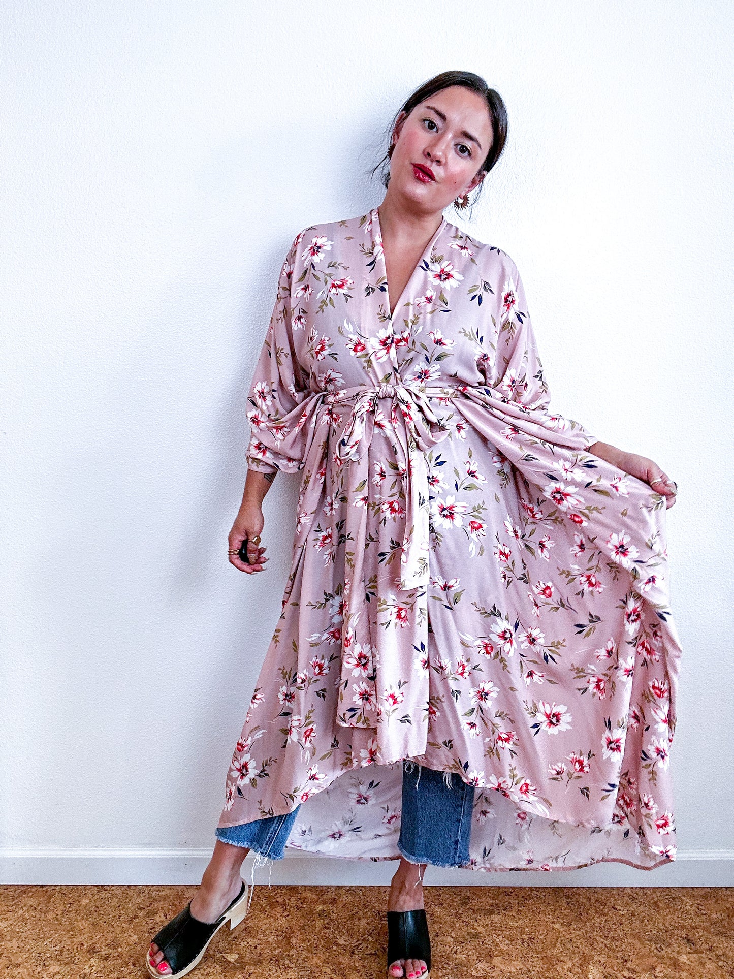 Print High Low Kimono Blush Floral Challis