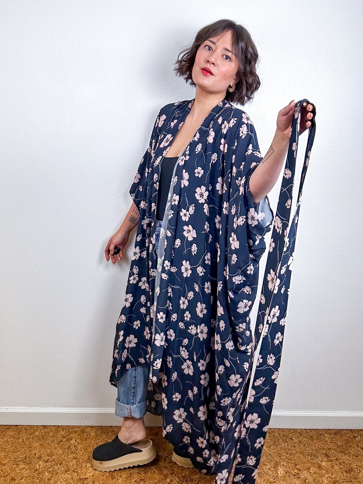 Print High Low Kimono Navy Blush Floral Challis
