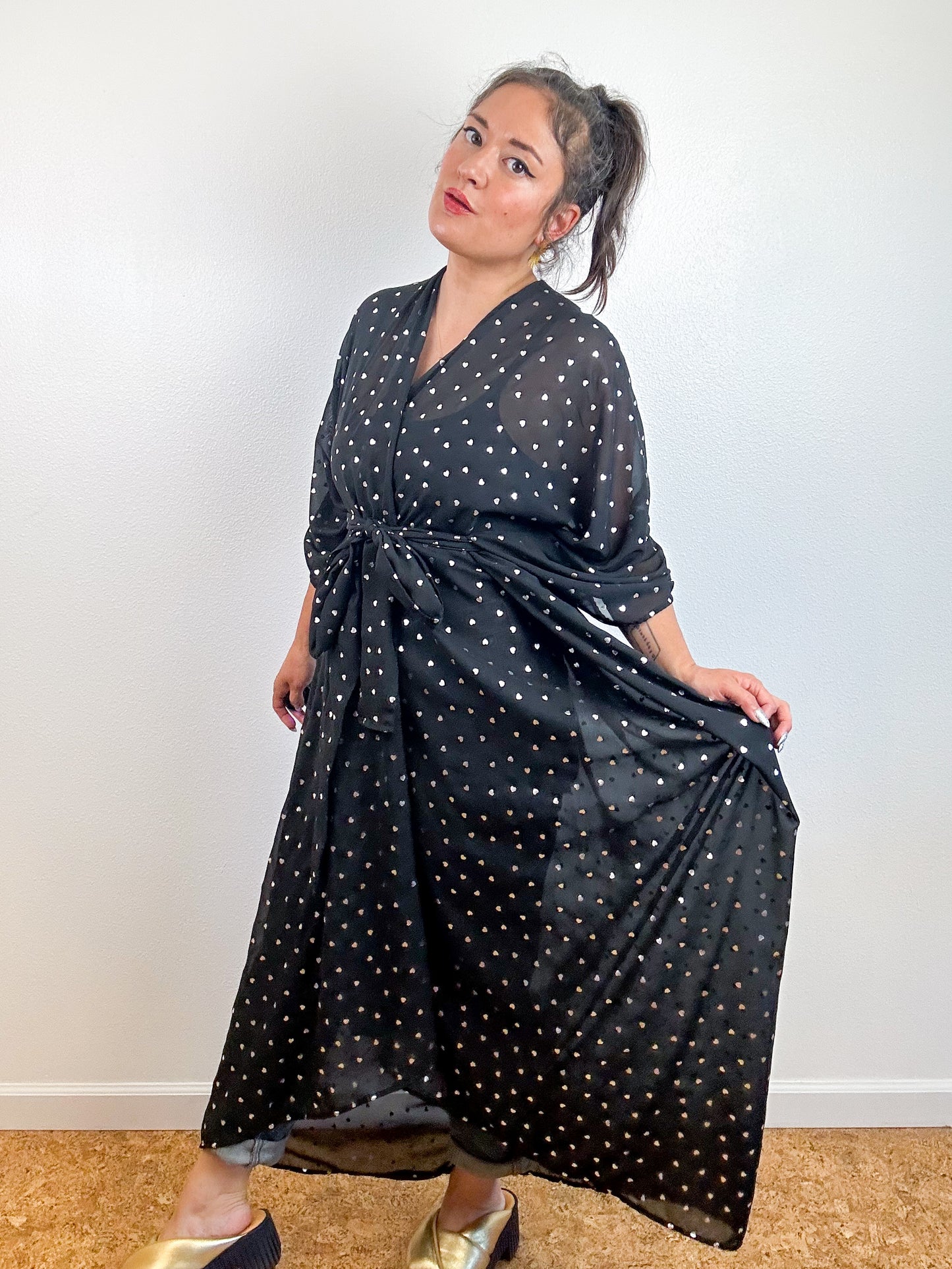 Print High Low Kimono Black Silver Hearts Chiffon