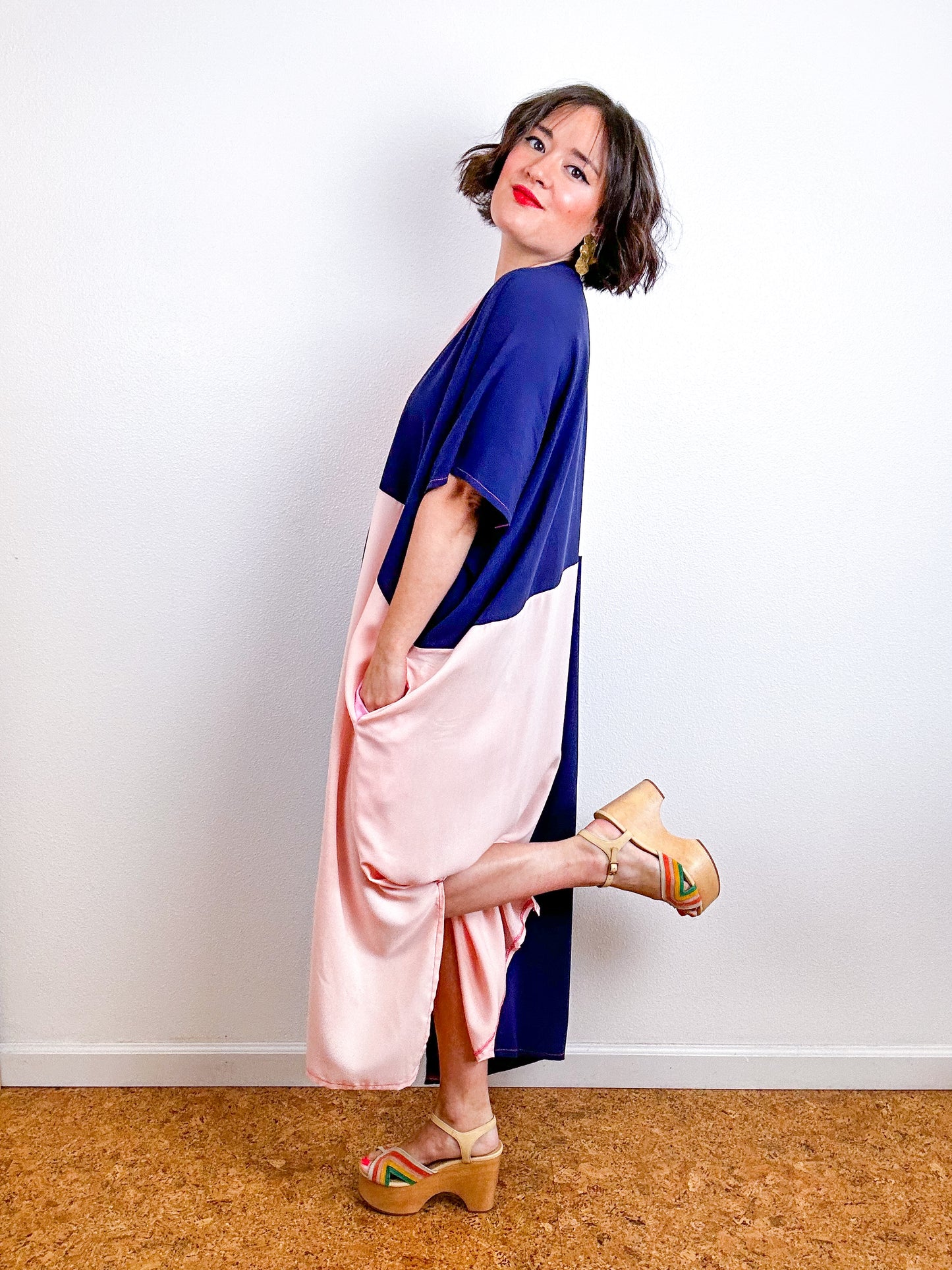 Color Block Midi Caftan Dress Navy Blush