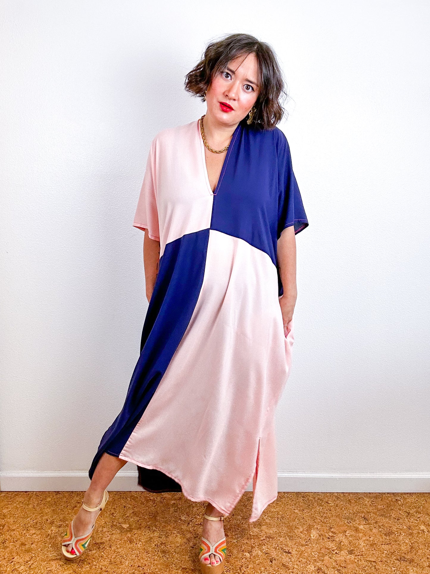 Color Block Midi Caftan Dress Navy Blush