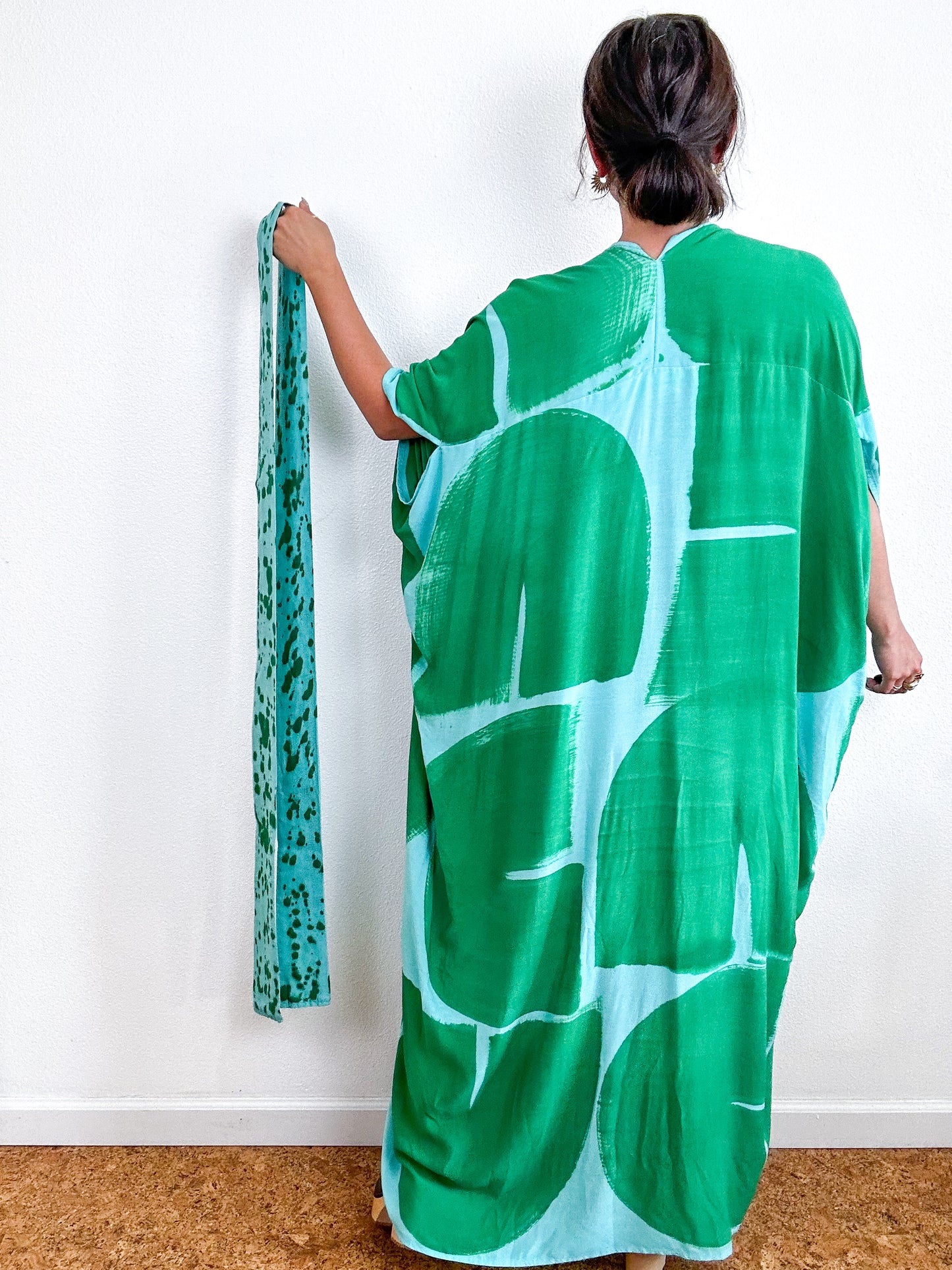 Hand-Dyed High Low Kimono Aqua Green Brushstroke