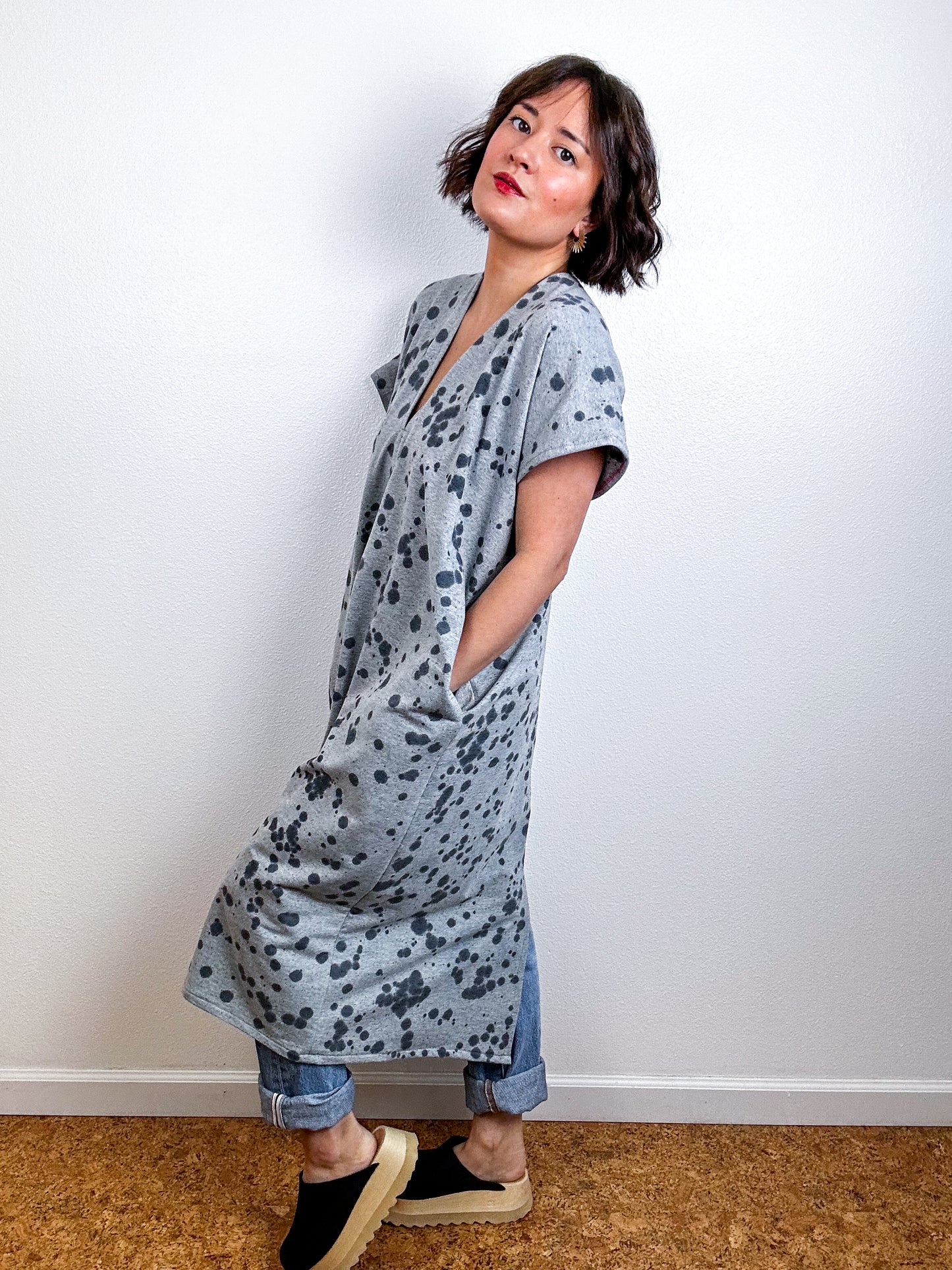 Hand-Dyed Midi Sweatshirt Smock Dress Grey Speckle