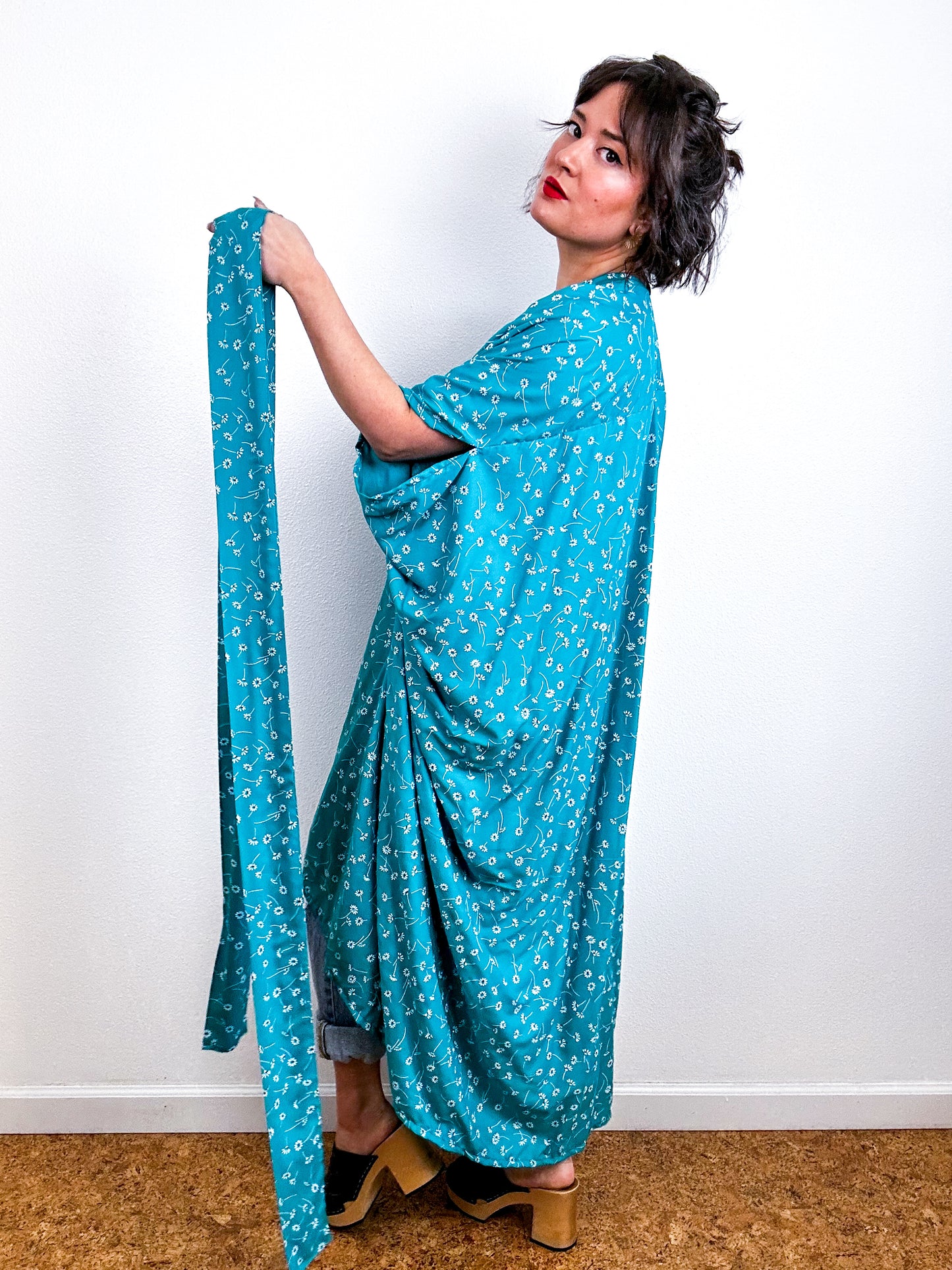 Print High Low Kimono Teal Daisy Challis