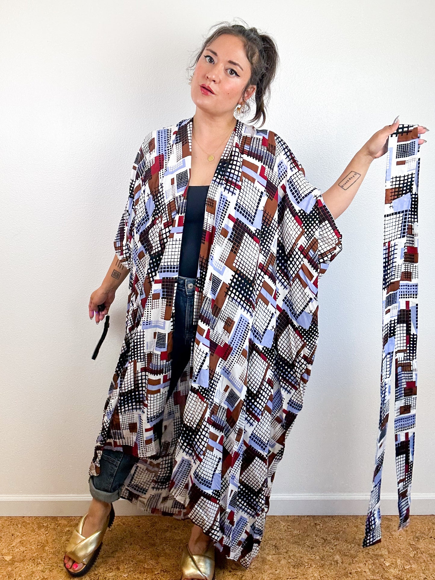 Print High Low Kimono Blue Maroon Grid Challis