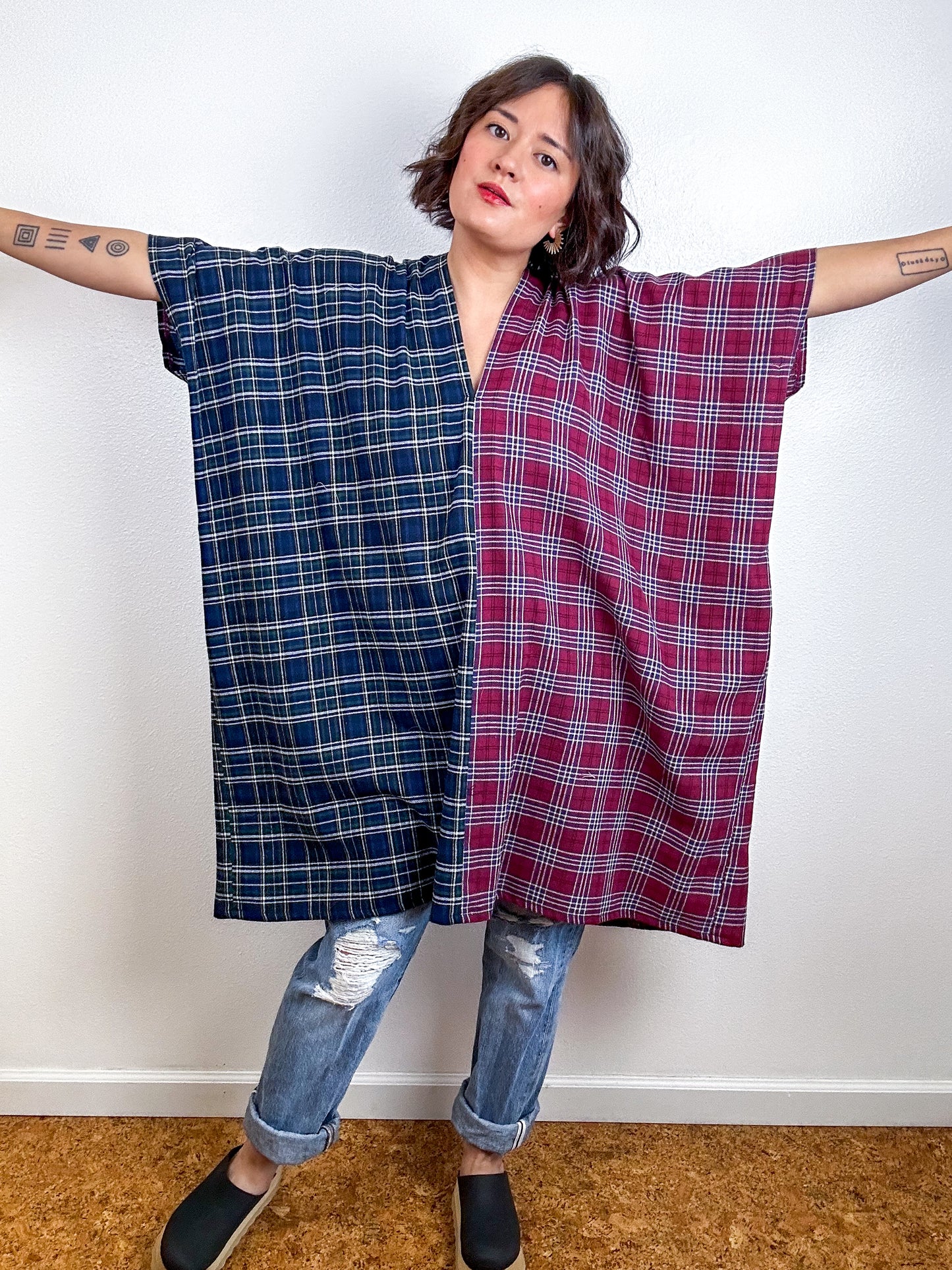 Oversized Plaid Smock Dress Navy Maroon