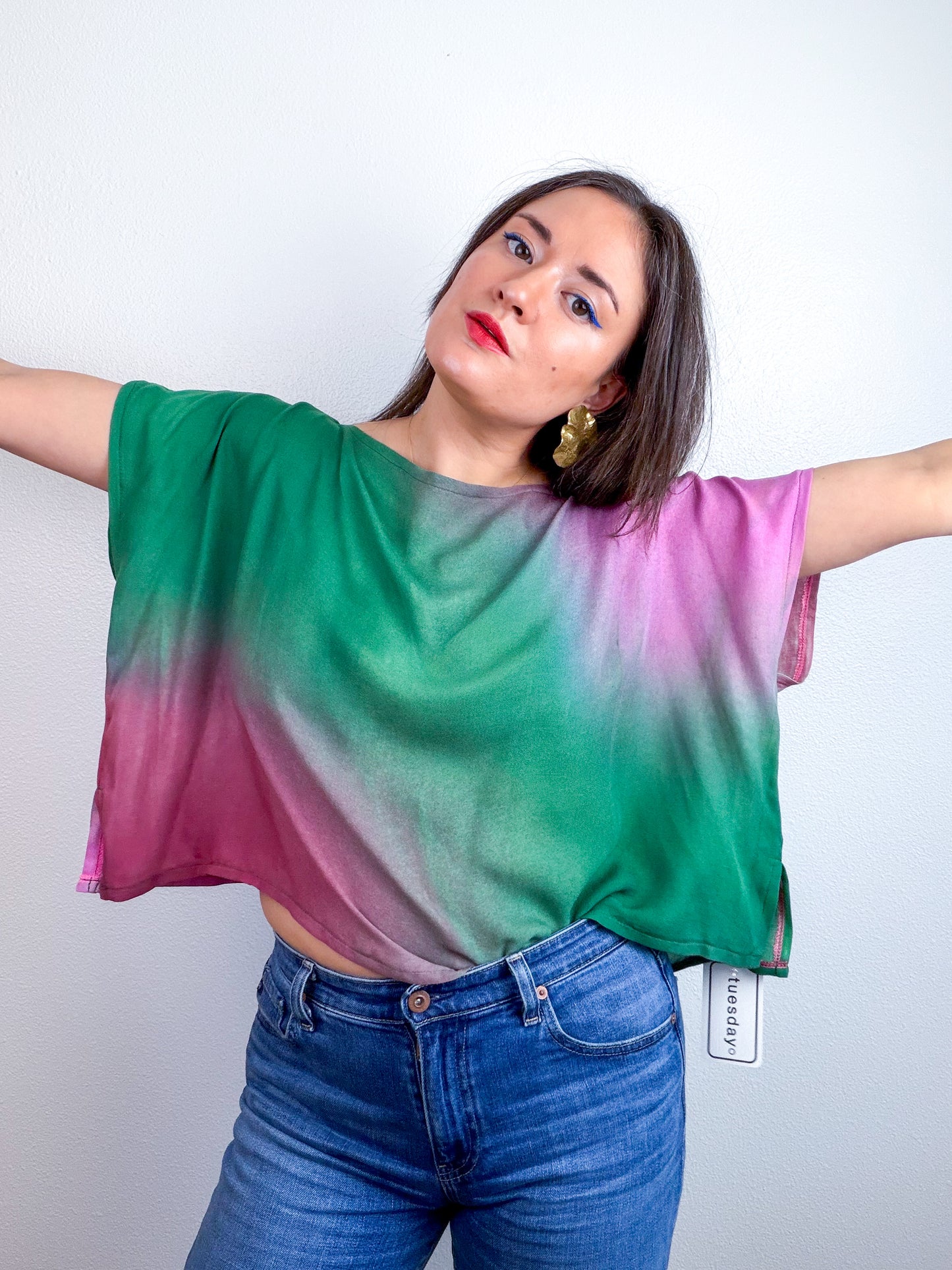 Hand-Dyed Bamboo Flip Crop Green Peony Maroon Gradient