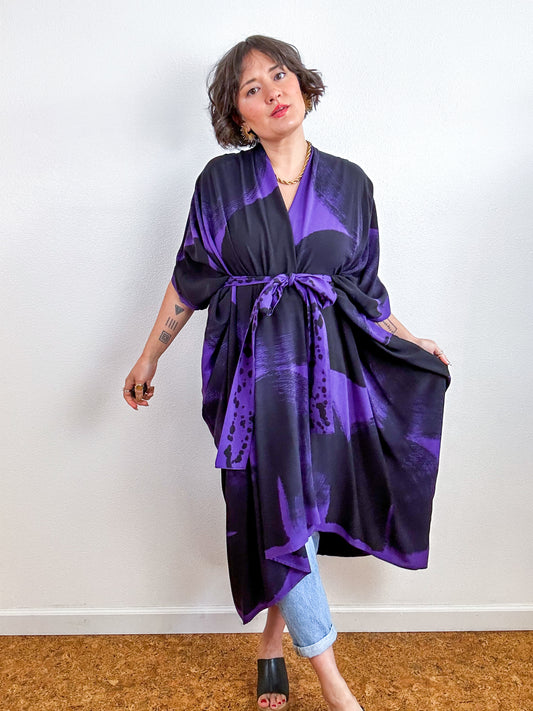 Hand-Dyed High Low Kimono Purple Black Arc
