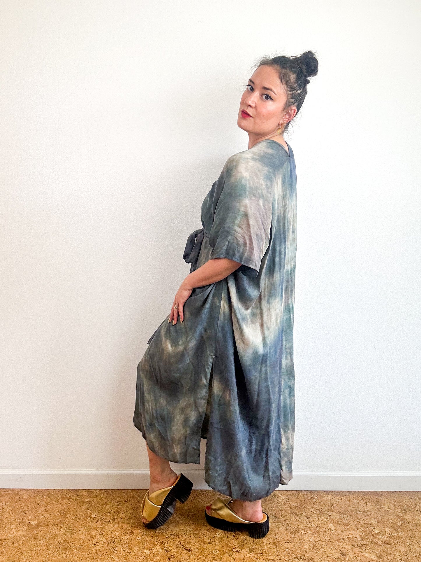 Hand-Dyed Bamboo Tie Caftan Steel Sage Watercolor