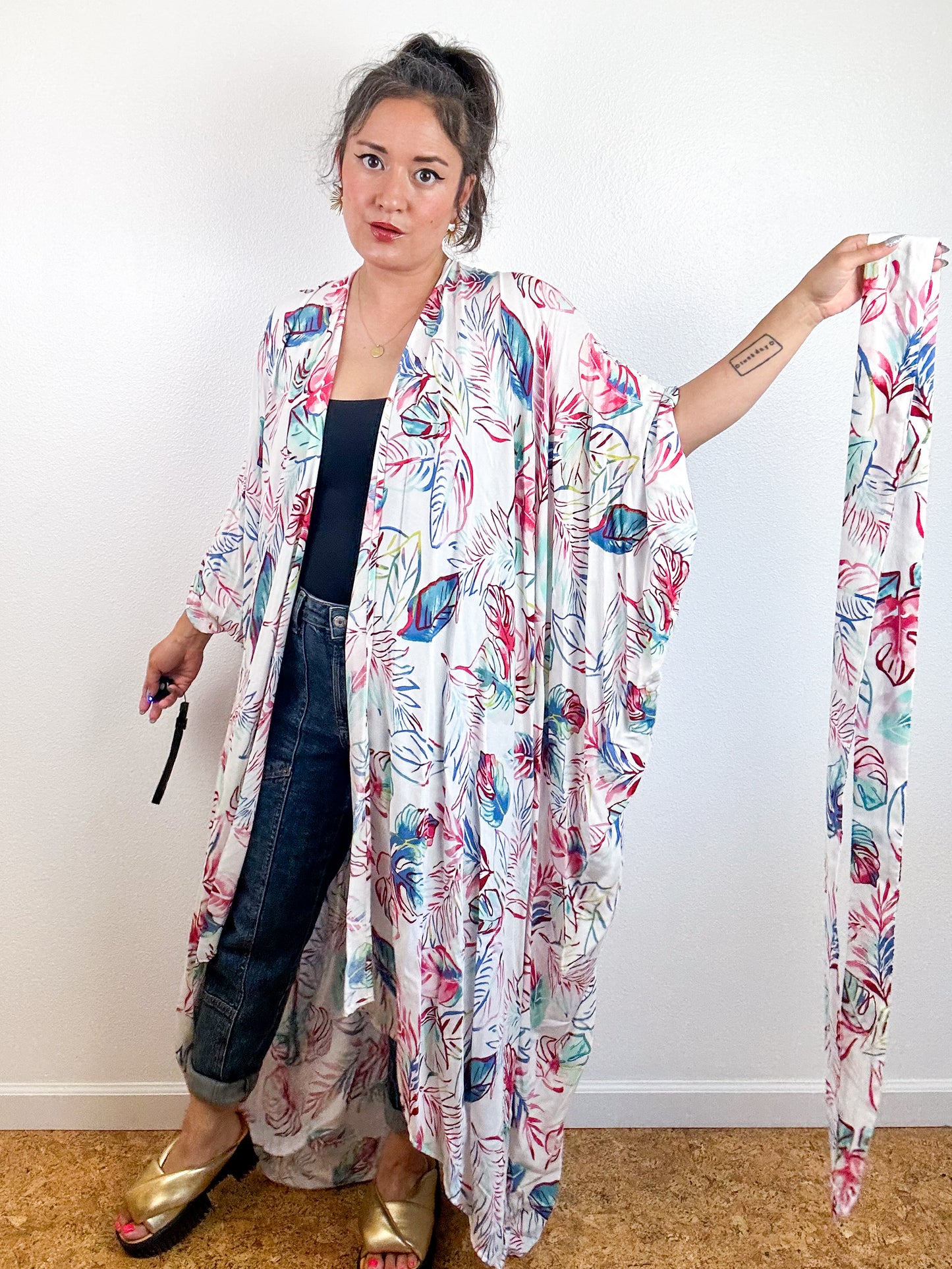 Print High Low Kimono White Rainbow Leaves Challis