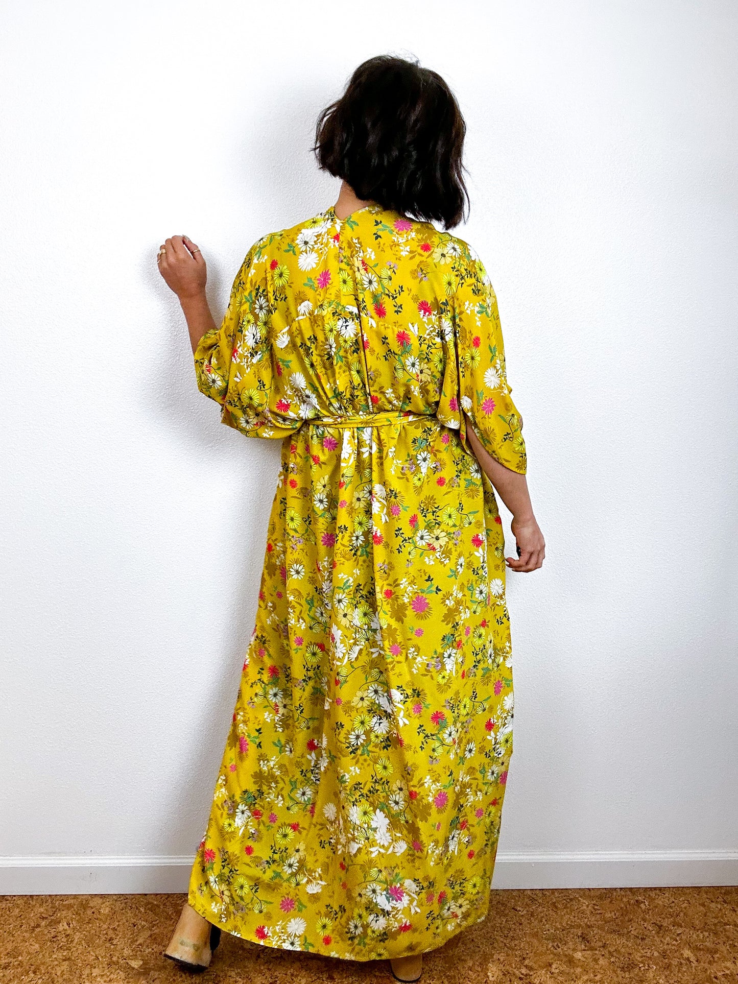 Print High Low Kimono Yellow Wildflower Challis