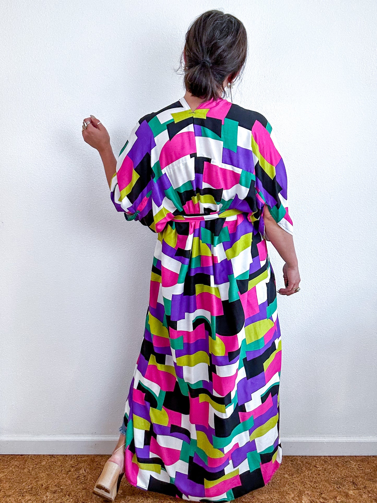 Print High Low Kimono Multi Color Block Challis