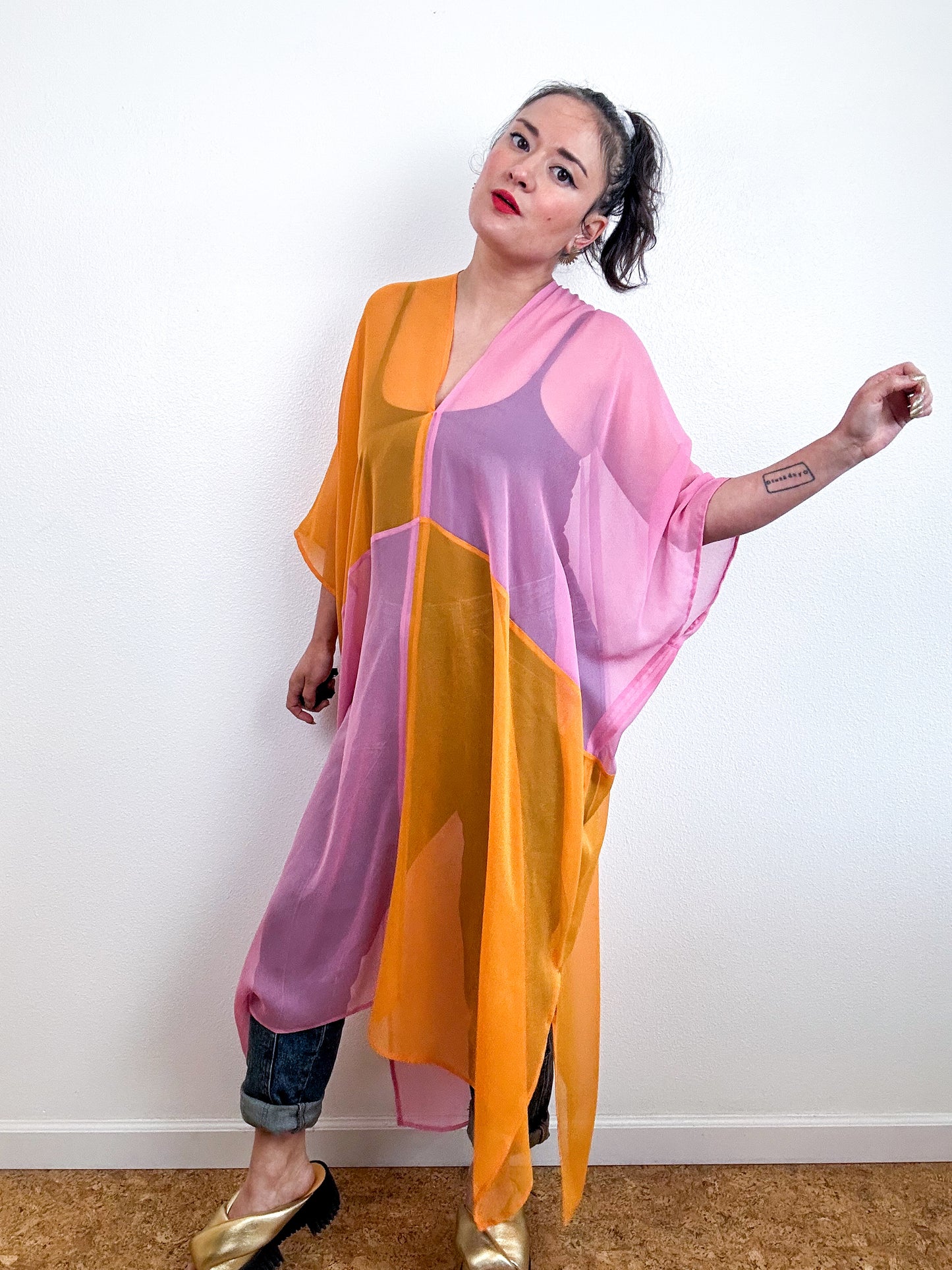 SILK Color Block Midi Caftan Dress Pink Orange