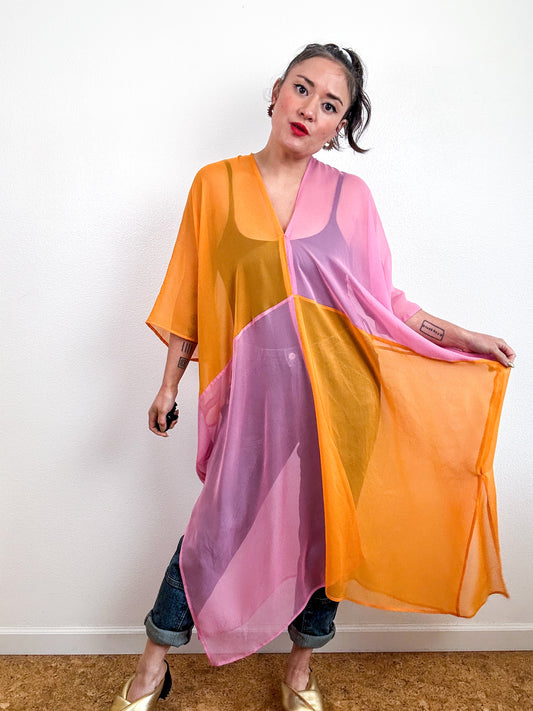 SILK Color Block Midi Caftan Dress Pink Orange