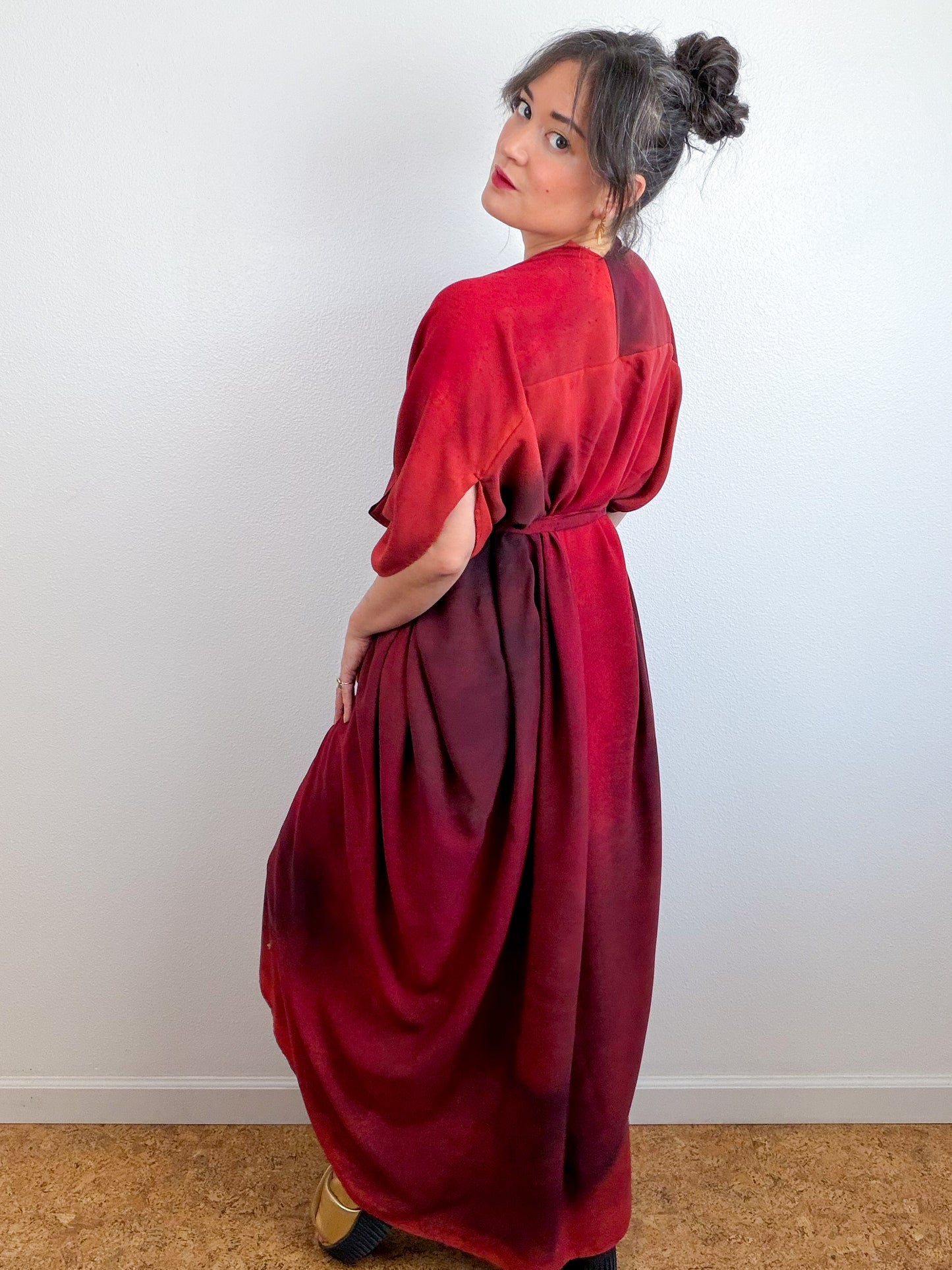 Hand-Dyed High Low Kimono Crimson Fuchsia Maroon Gradient