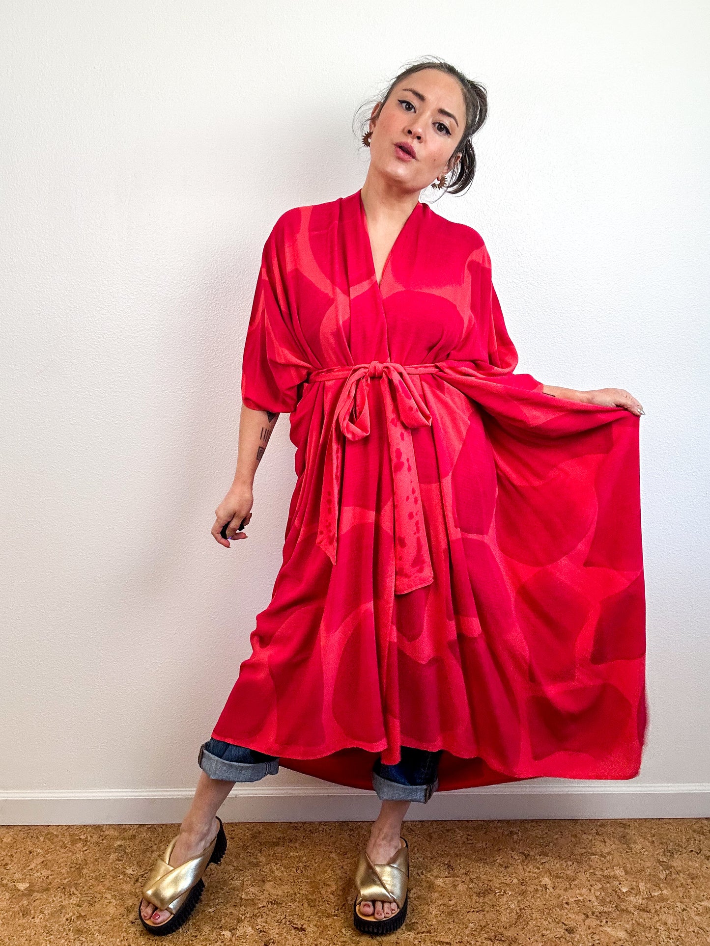 Hand-Dyed High Low Kimono Coral Fuchsia Brush
