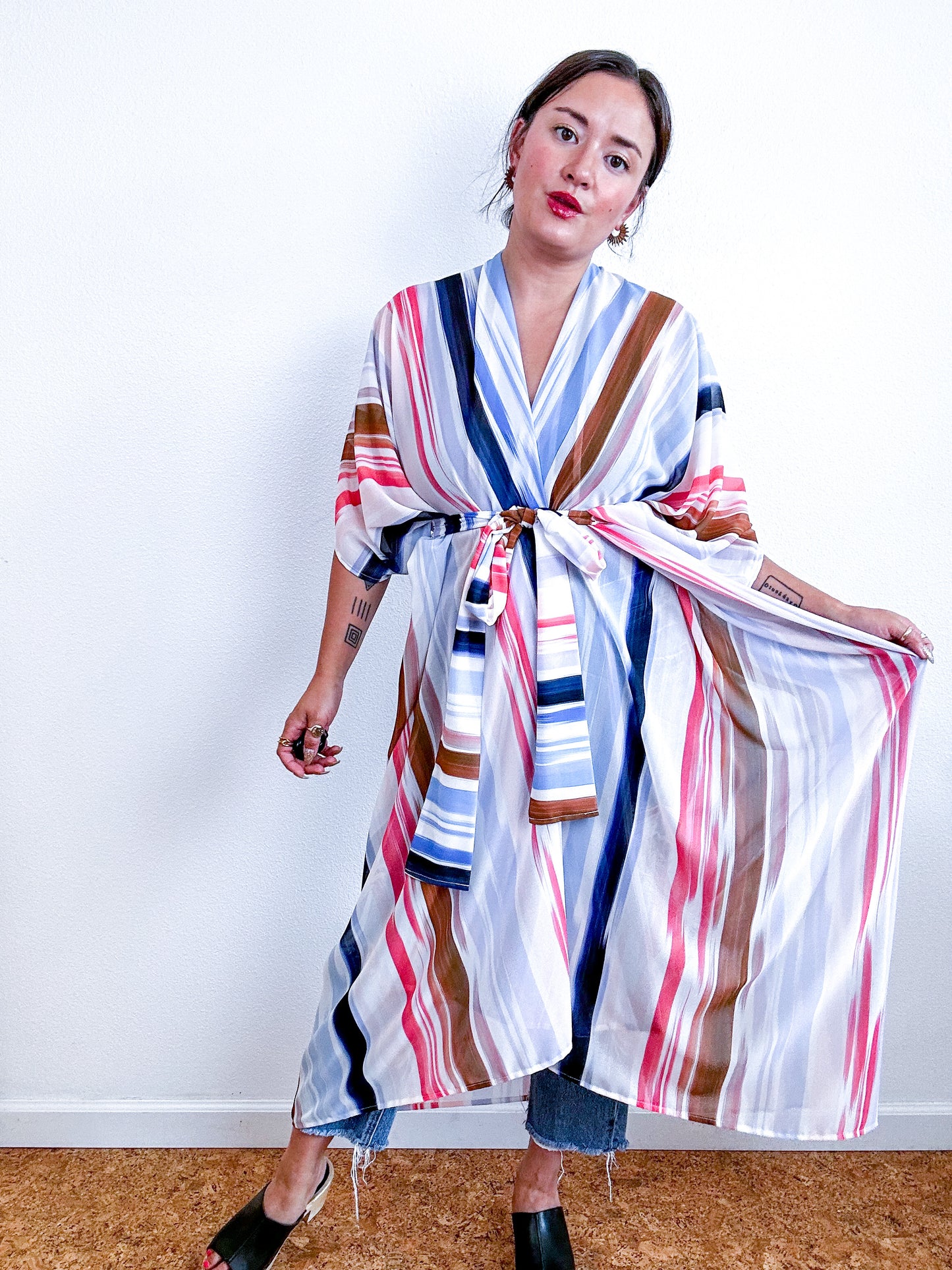 Print High Low Kimono Painterly Lines Chiffon