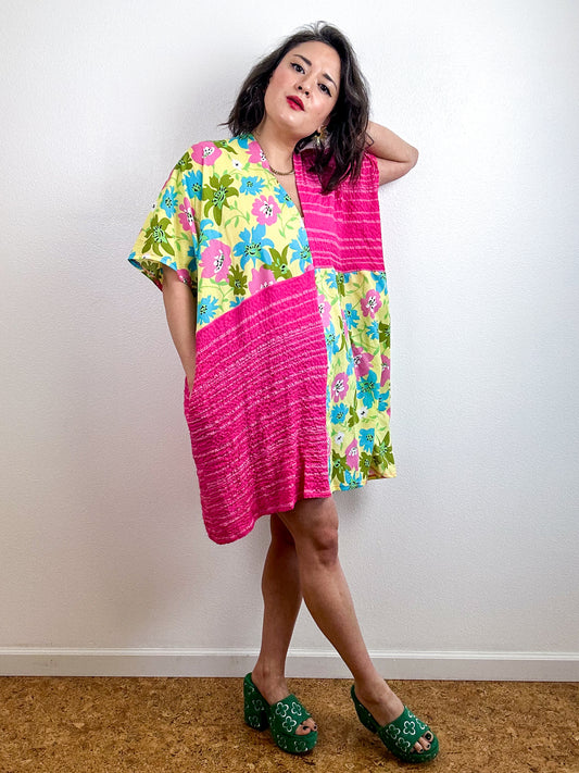 Color Block Mini Caftan Dress Yellow Floral Pink Stripe