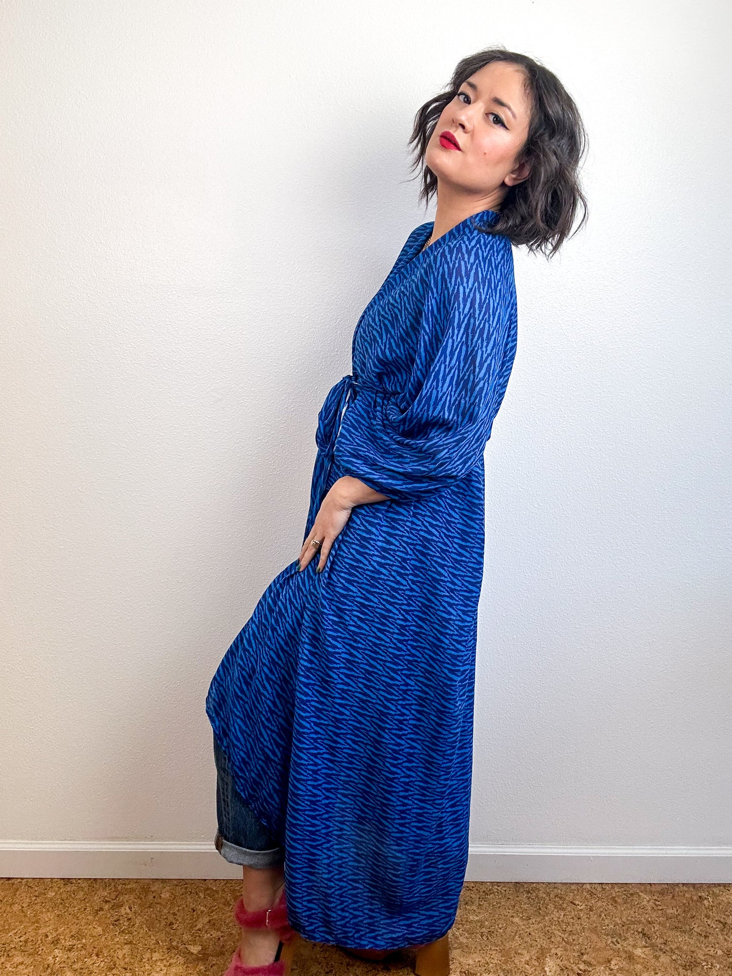 Print High Low Kimono Blue Chevron Tissue Challis