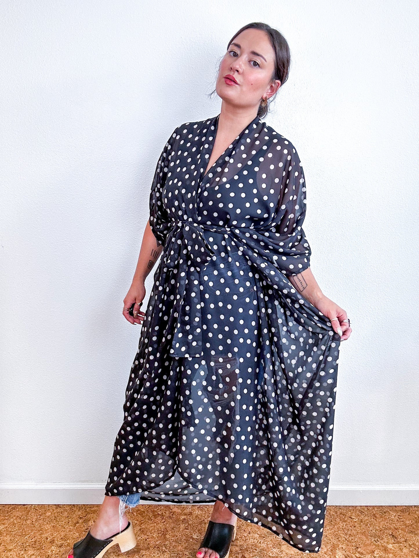 Print High Low Kimono Black Ivory Polka Dot Chiffon