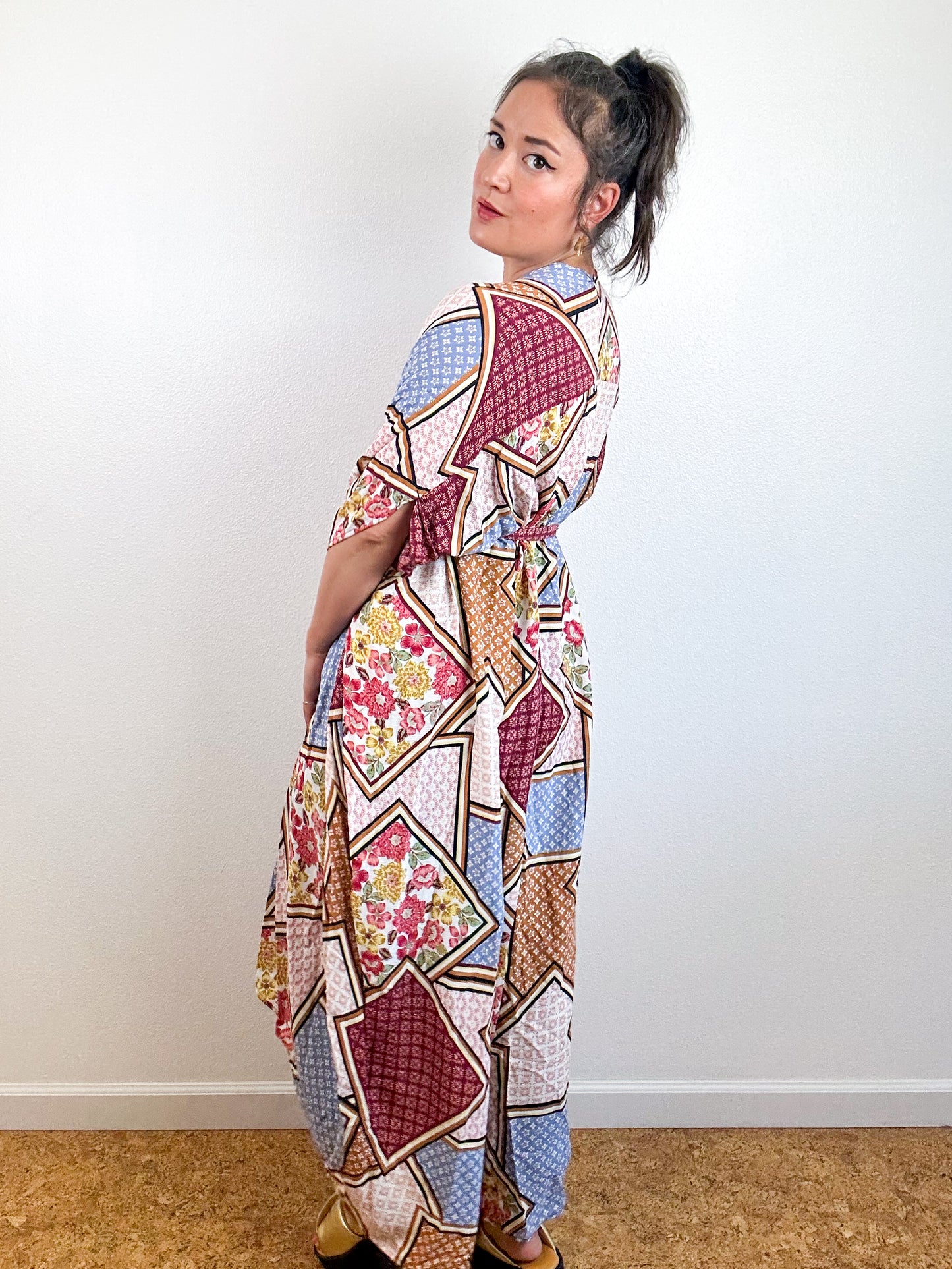Print High Low Kimono Maroon Patchwork Crinkle Challis