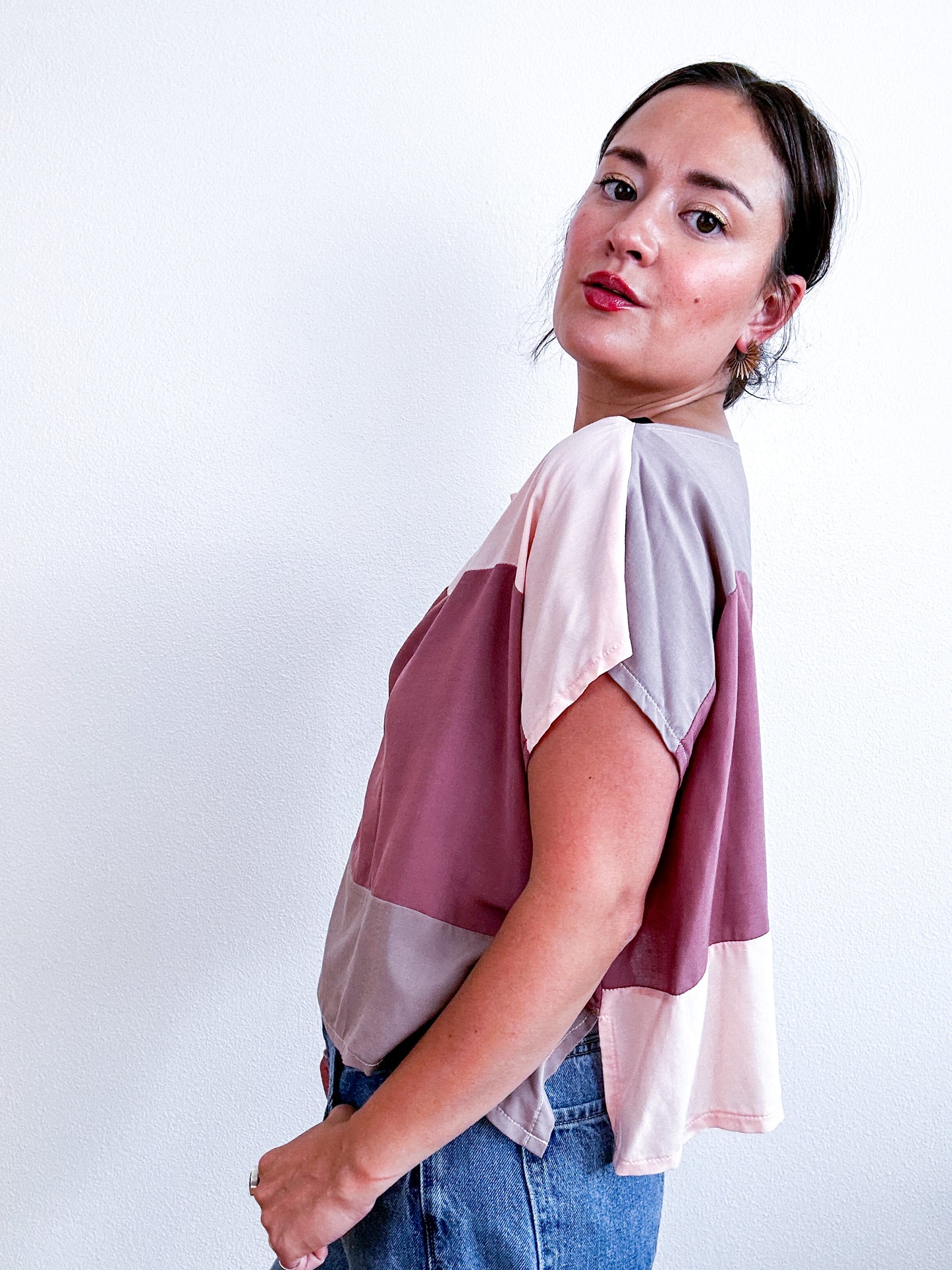Scrappy Crop Pink Taupe Mauve Colorblock
