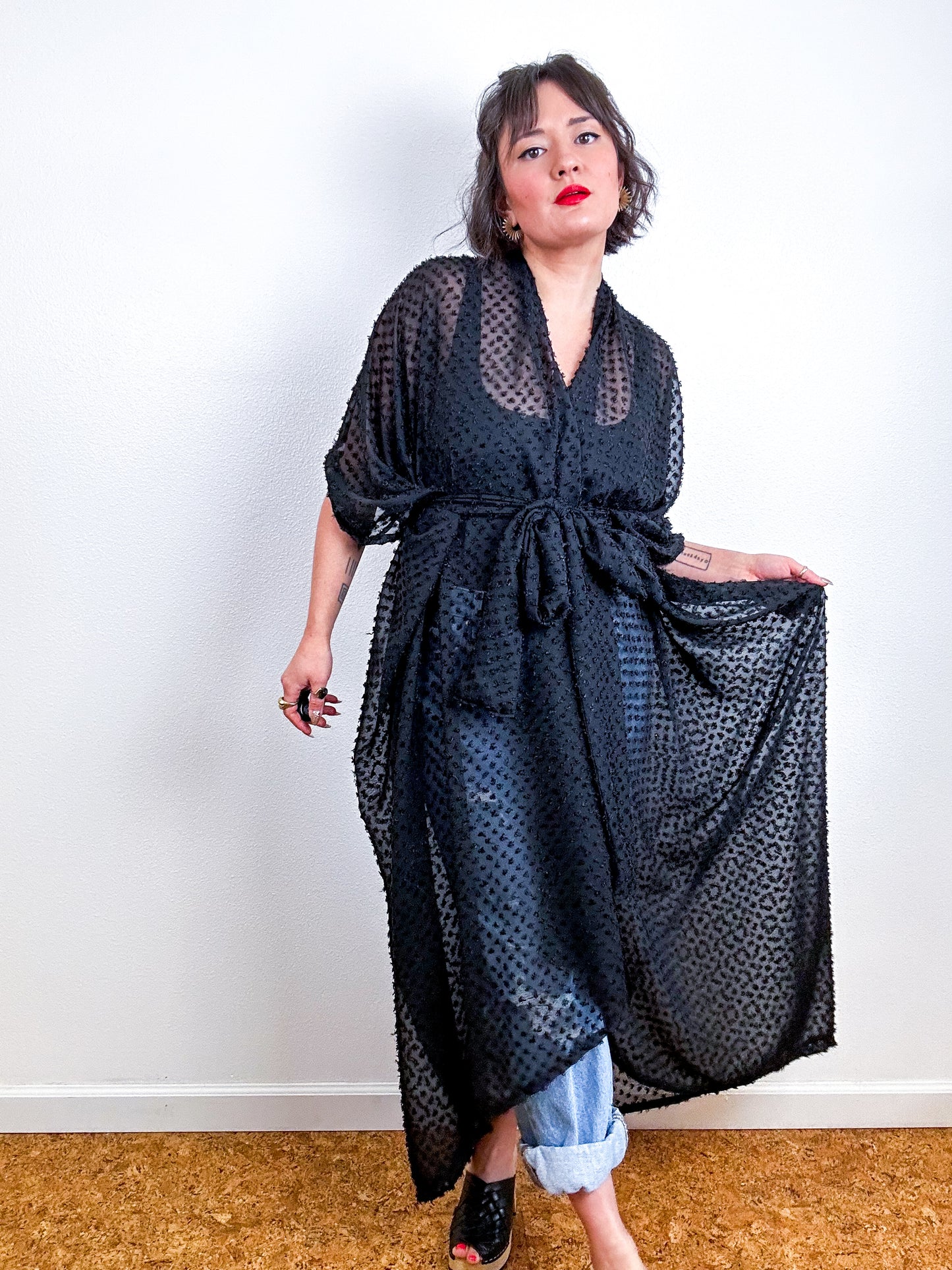 Solid High Low Kimono Black Boucle Dot Chiffon