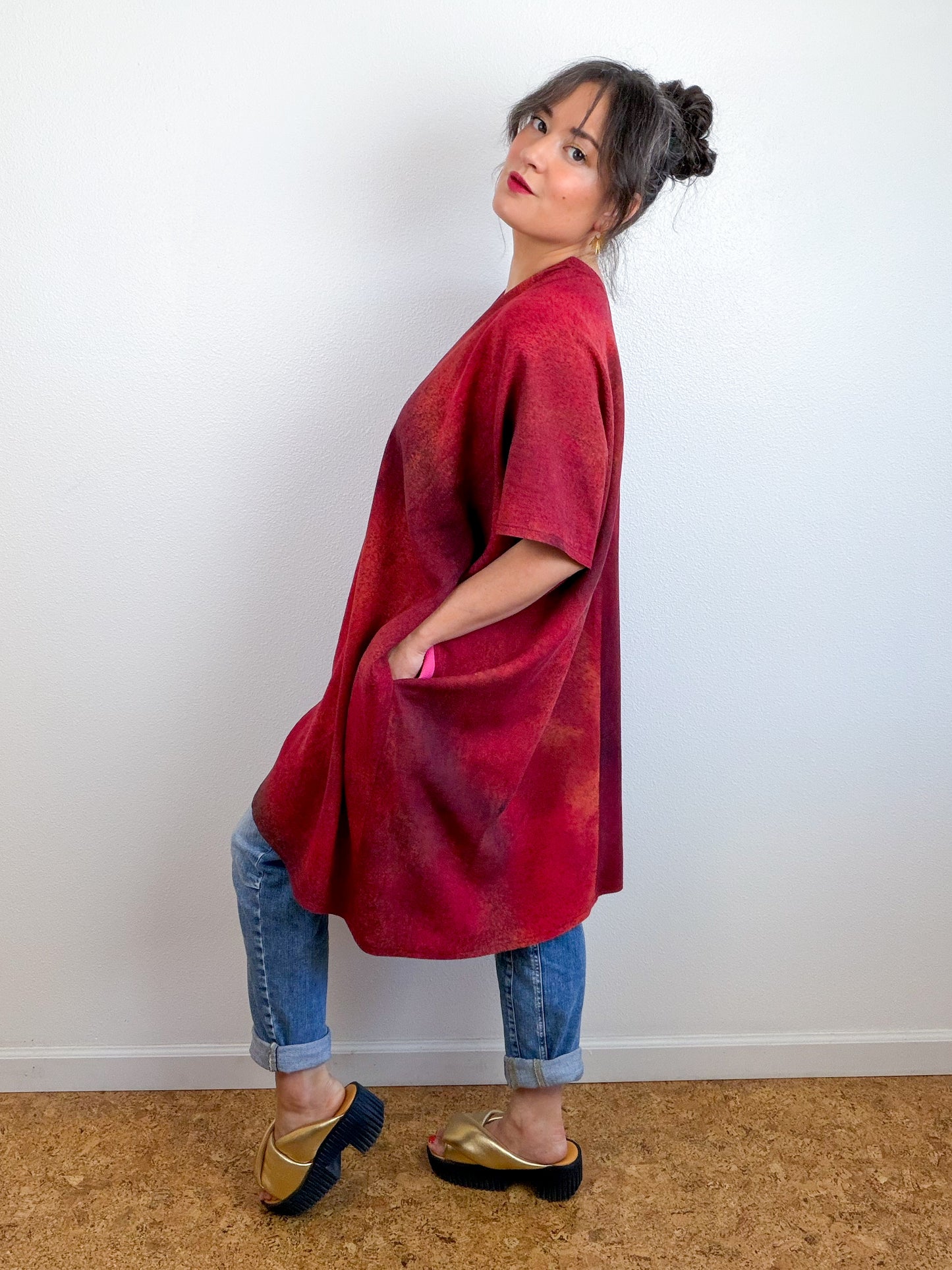 Hand-Dyed Linen Blend Caftan Dress Crimson Fuchsia Maroon Gradient