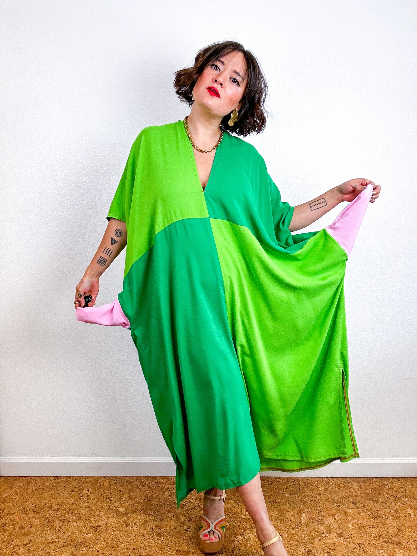 Color Block Midi Caftan Dress Emerald Lime