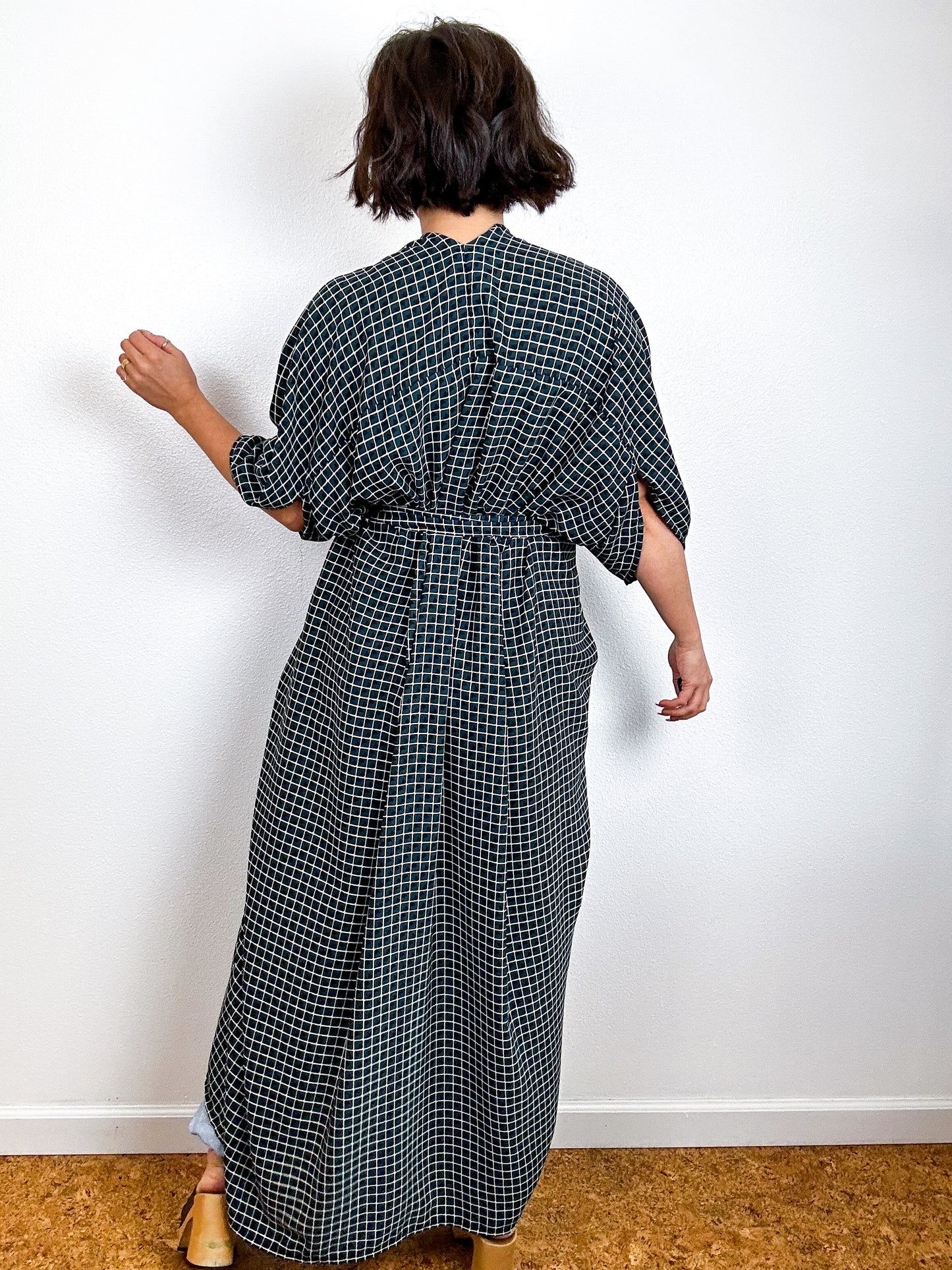 Print High Low Kimono Dark Green Check Georgette