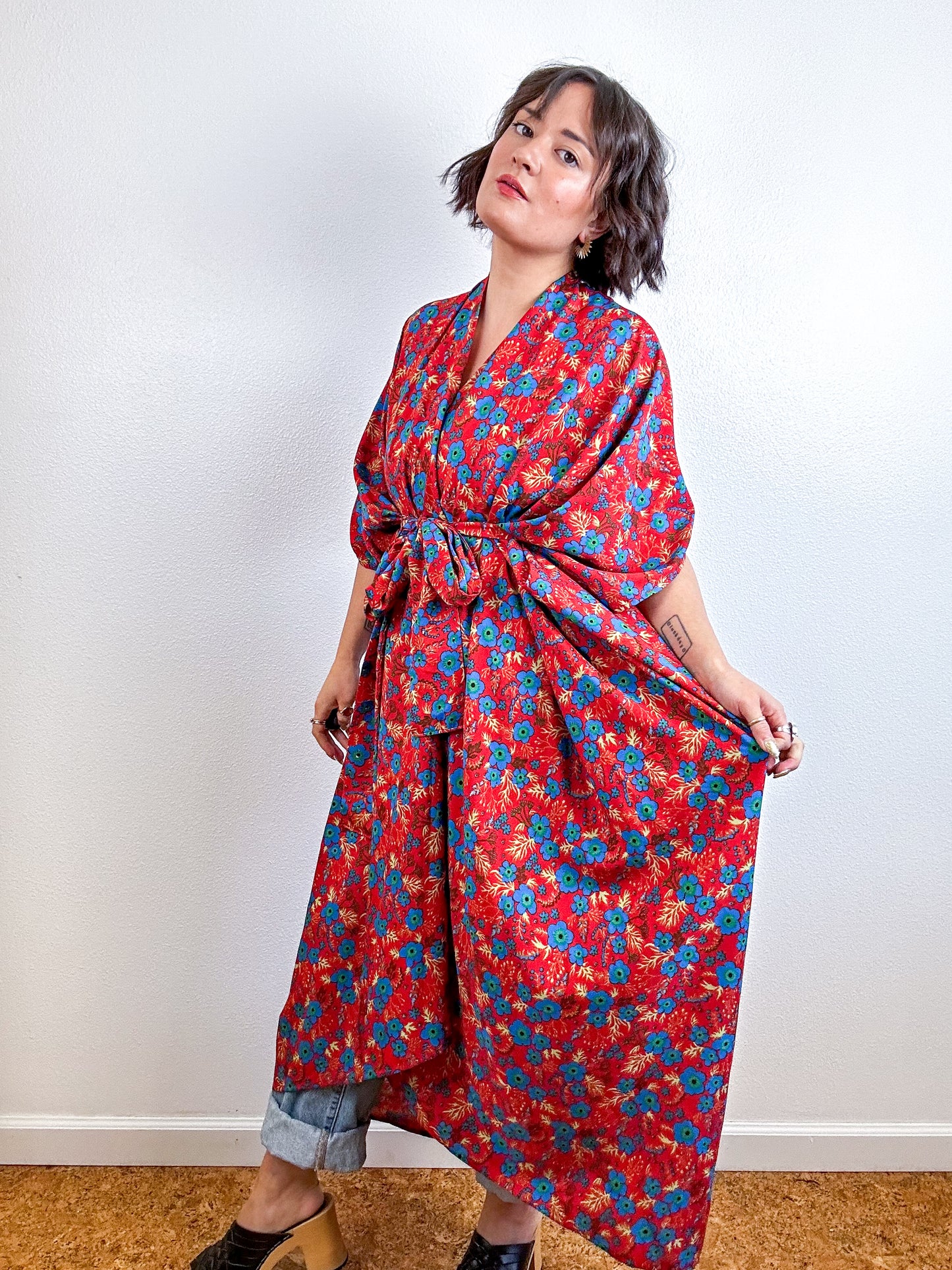 Print High Low Kimono Red Mini Floral Crepe de Chine