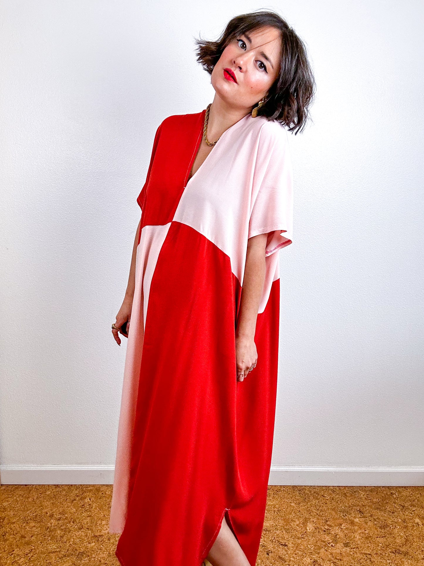 Color Block Midi Caftan Dress Terracotta Blush