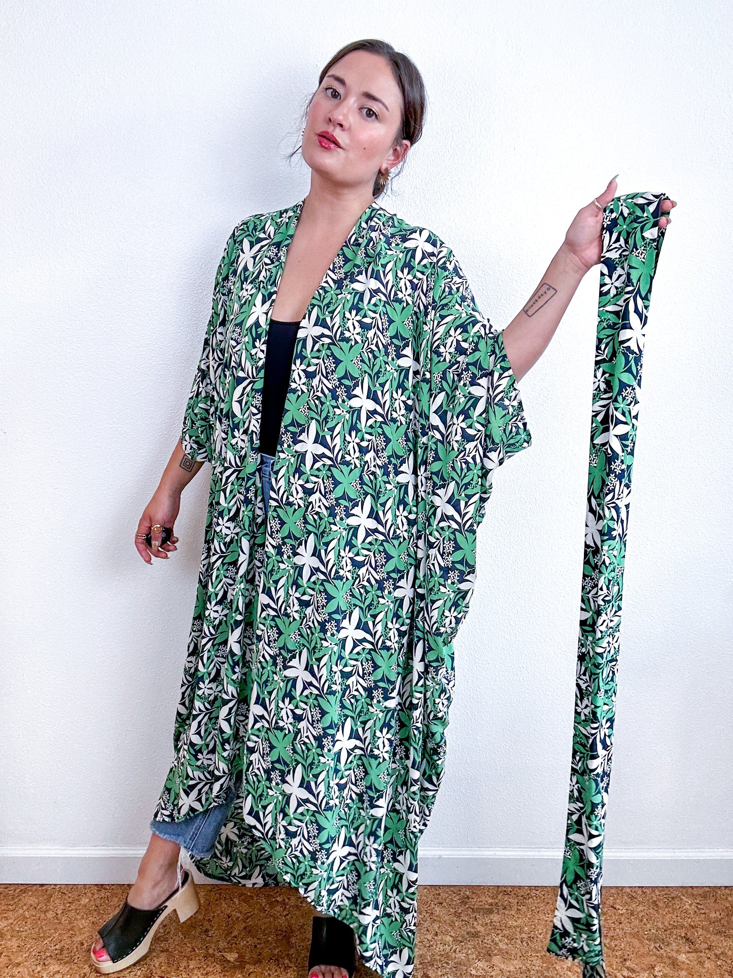 Print High Low Kimono Navy Green Flowers Challis