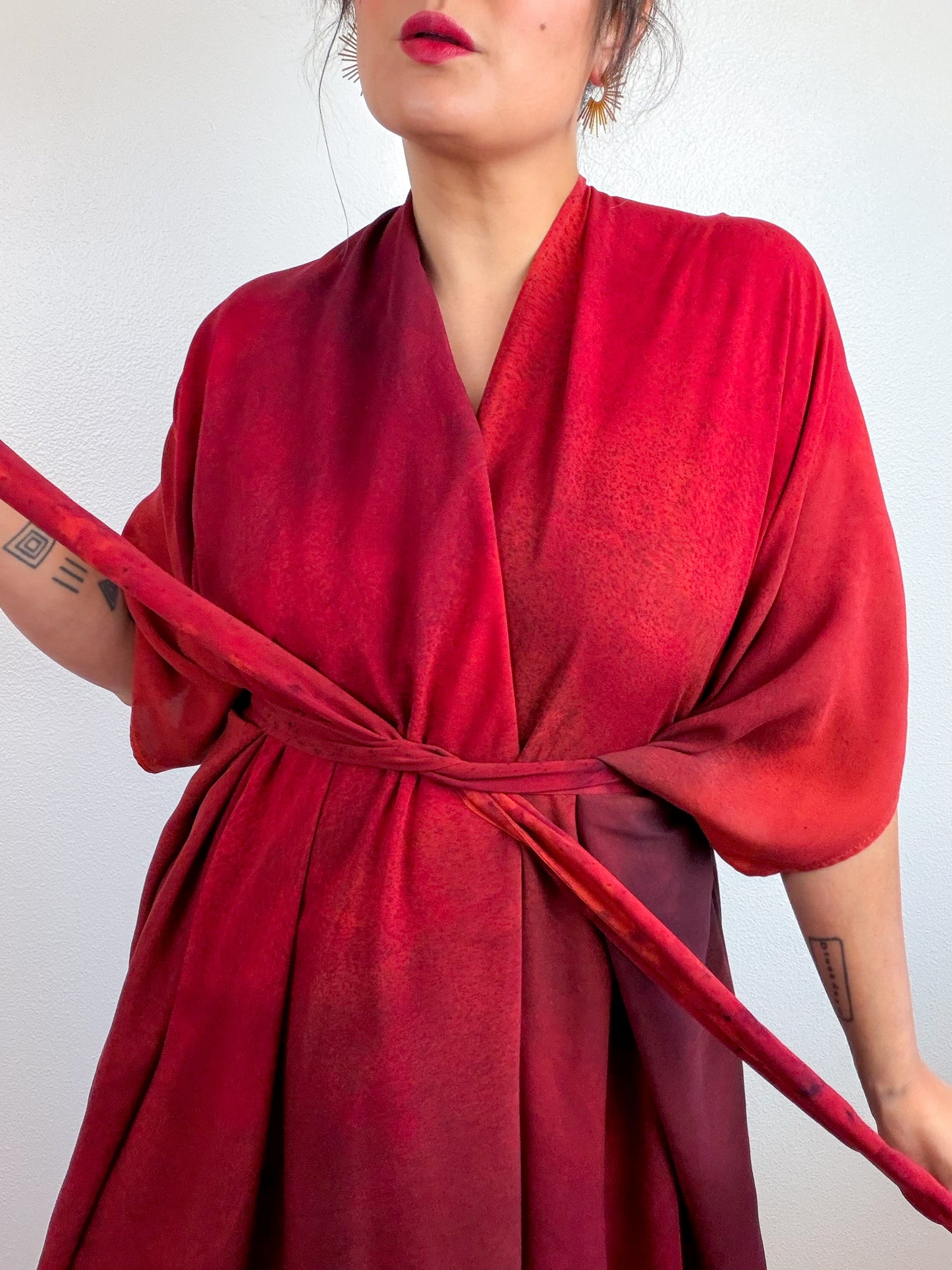 Hand-Dyed High Low Kimono Crimson Fuchsia Maroon Gradient