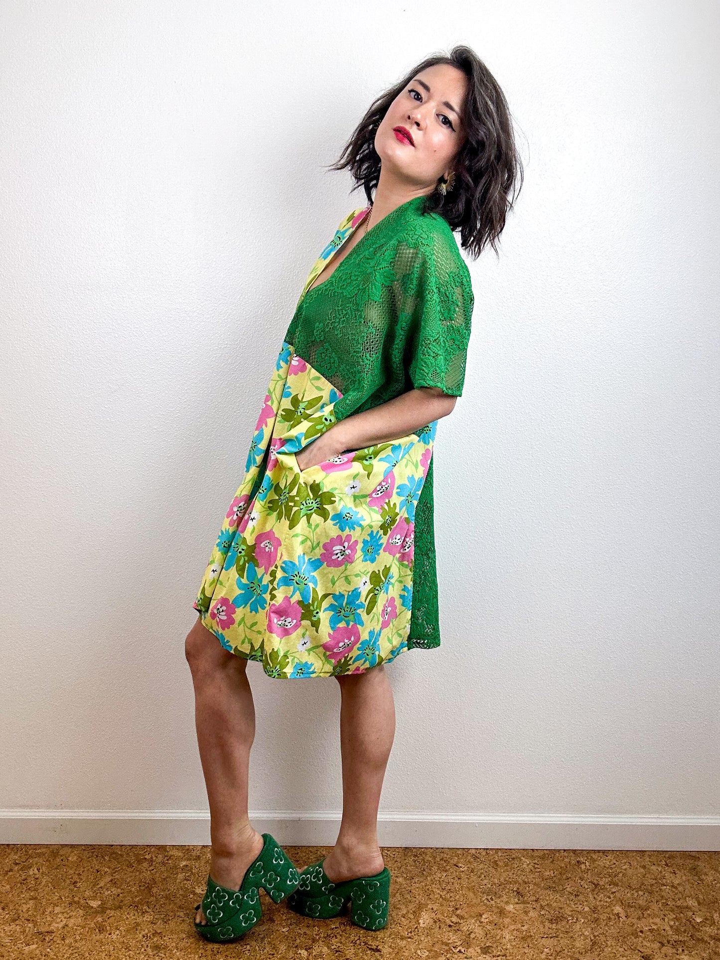 Color Block Mini Caftan Dress Green Lace Yellow Floral