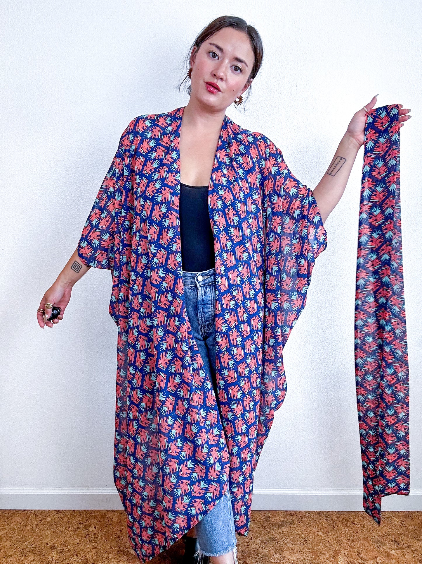 Print High Low Kimono Blue Scarlet Feather Chiffon